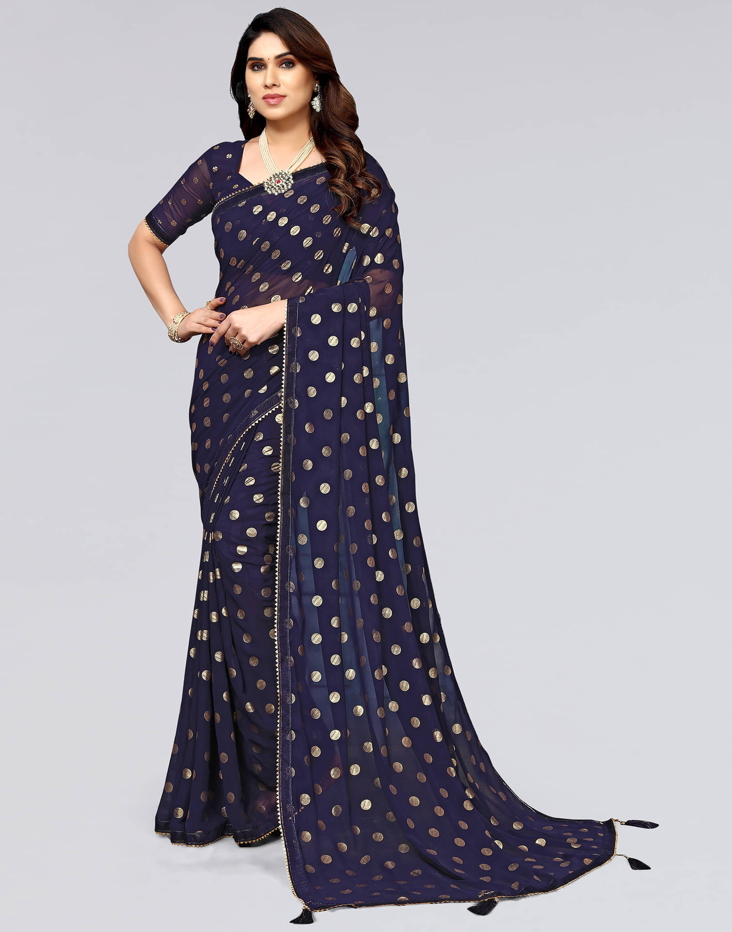 Samah Georgette Printed Saree With Unstitched Blouse Piece ( Navy Blue ) Samah Georgette Printed Saree With Unstitched Blouse Piece ( Navy Blue )