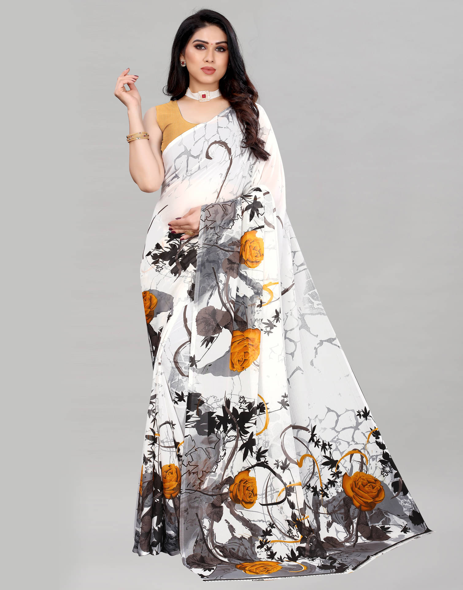 Samah Georgette Printed Saree With Unstitched Blouse Piece ( White ) Samah Georgette Printed Saree With Unstitched Blouse Piece ( White )