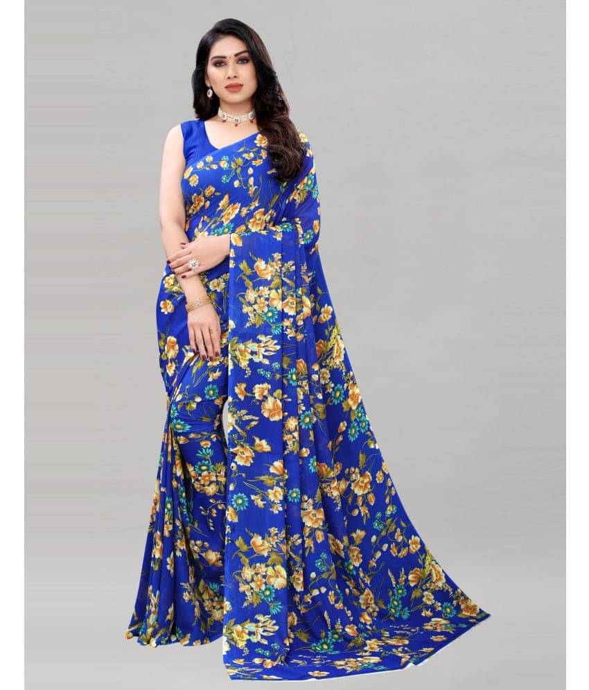    			Samah Georgette Printed Saree With Unstitched Blouse Piece ( Blue )