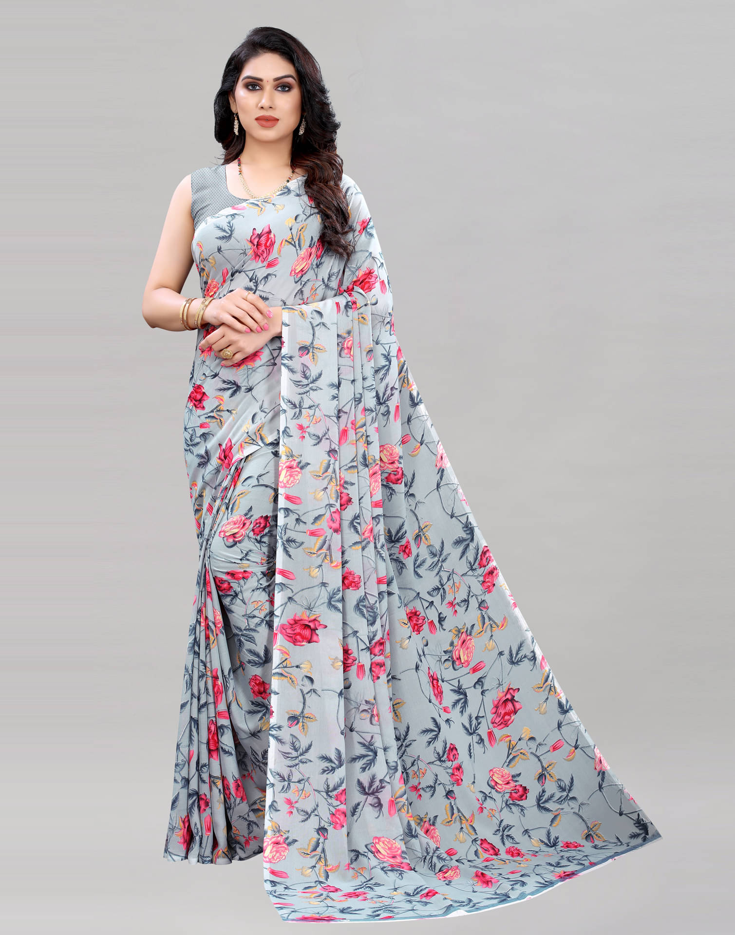 Samah Georgette Printed Saree With Unstitched Blouse Piece ( Grey ) Samah Georgette Printed Saree With Unstitched Blouse Piece ( Grey )