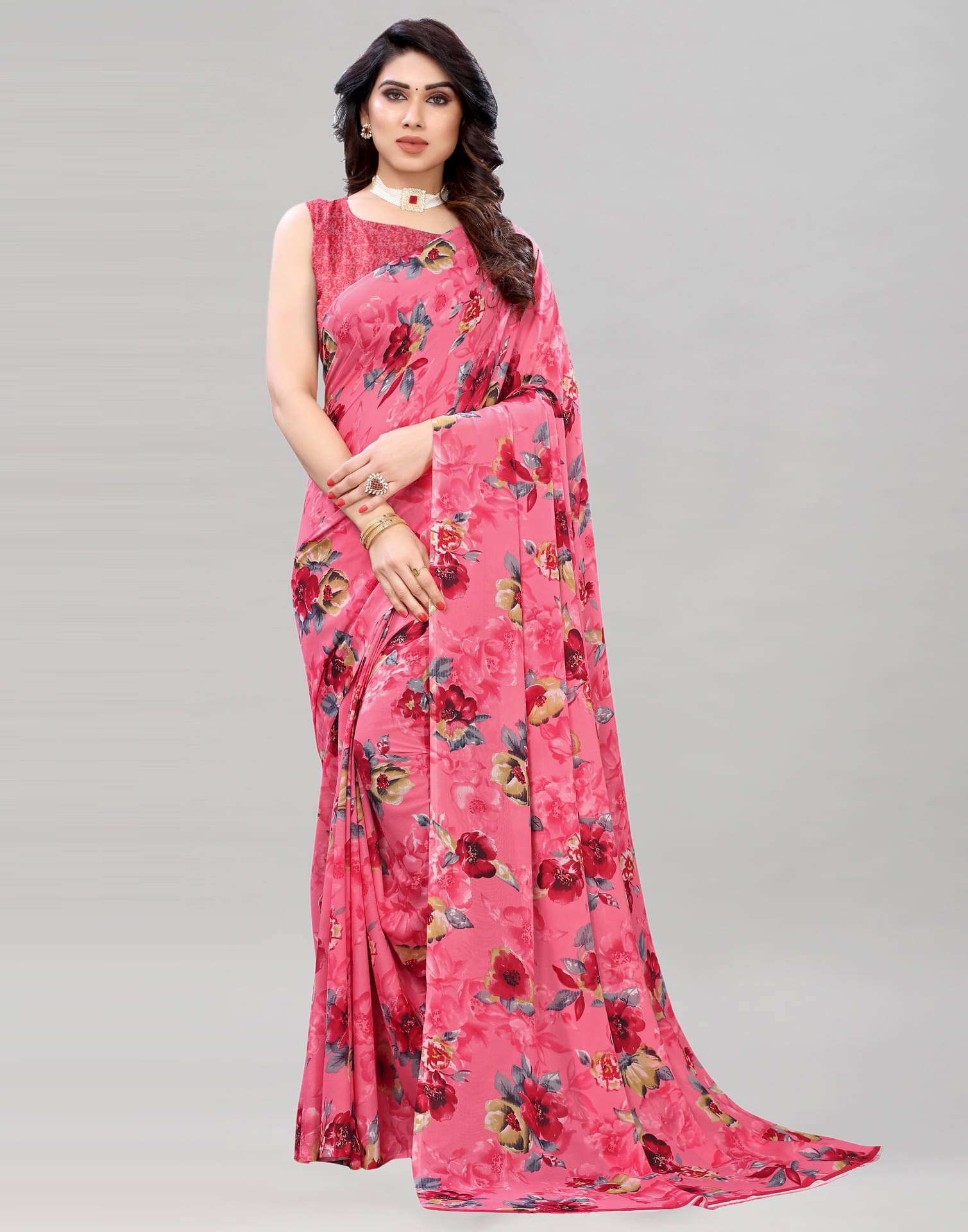 Samah Georgette Printed Saree With Unstitched Blouse Piece ( Pink ) Samah Georgette Printed Saree With Unstitched Blouse Piece ( Pink )