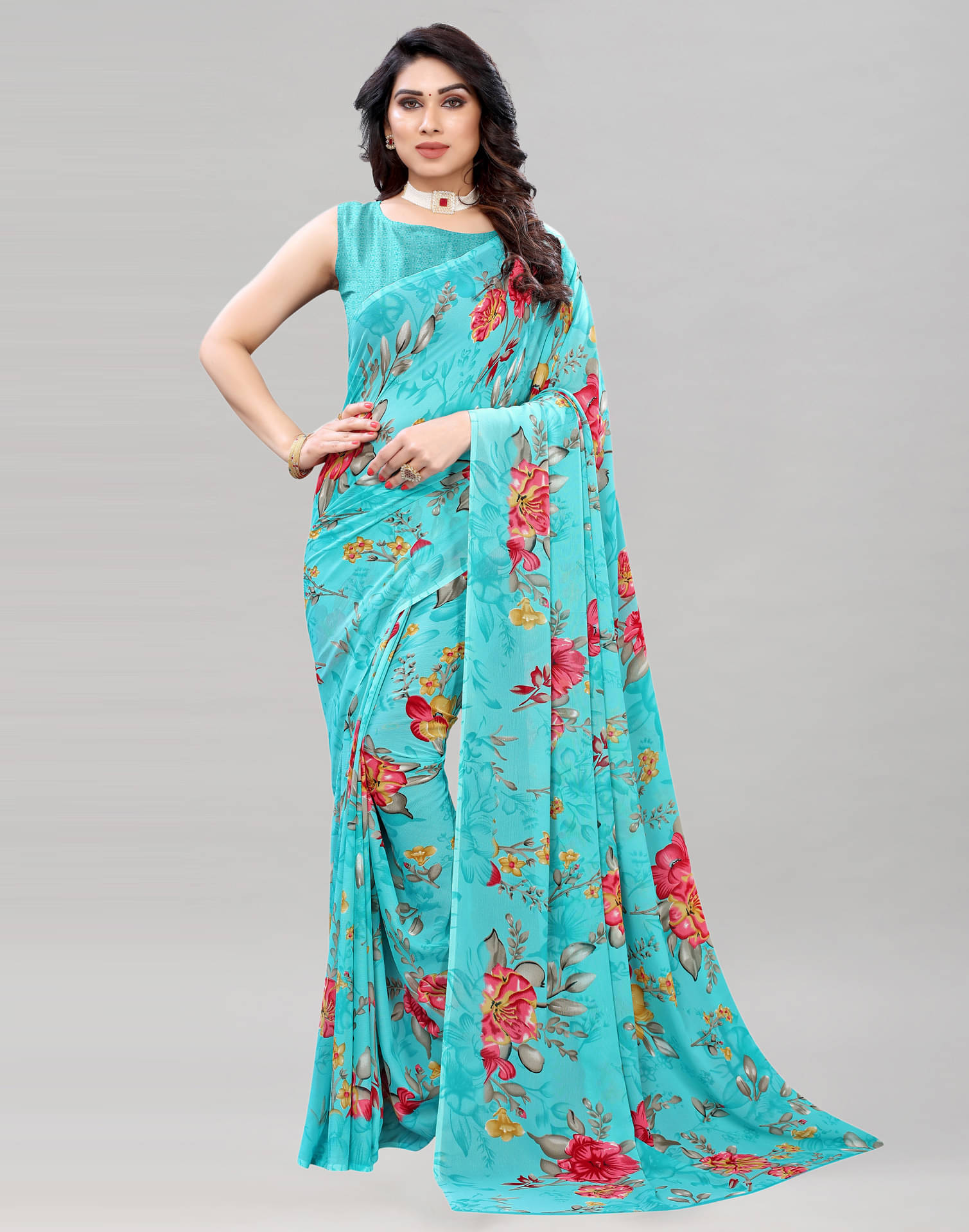 Samah Georgette Printed Saree With Unstitched Blouse Piece ( SkyBlue ) Samah Georgette Printed Saree With Unstitched Blouse Piece ( SkyBlue )