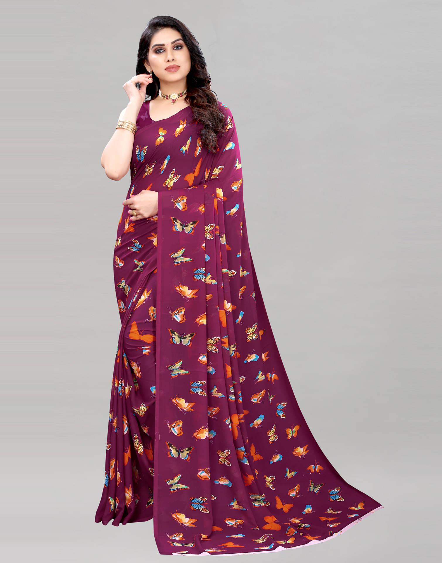 Samah Georgette Printed Saree With Unstitched Blouse Piece ( Wine ) Samah Georgette Printed Saree With Unstitched Blouse Piece ( Wine )