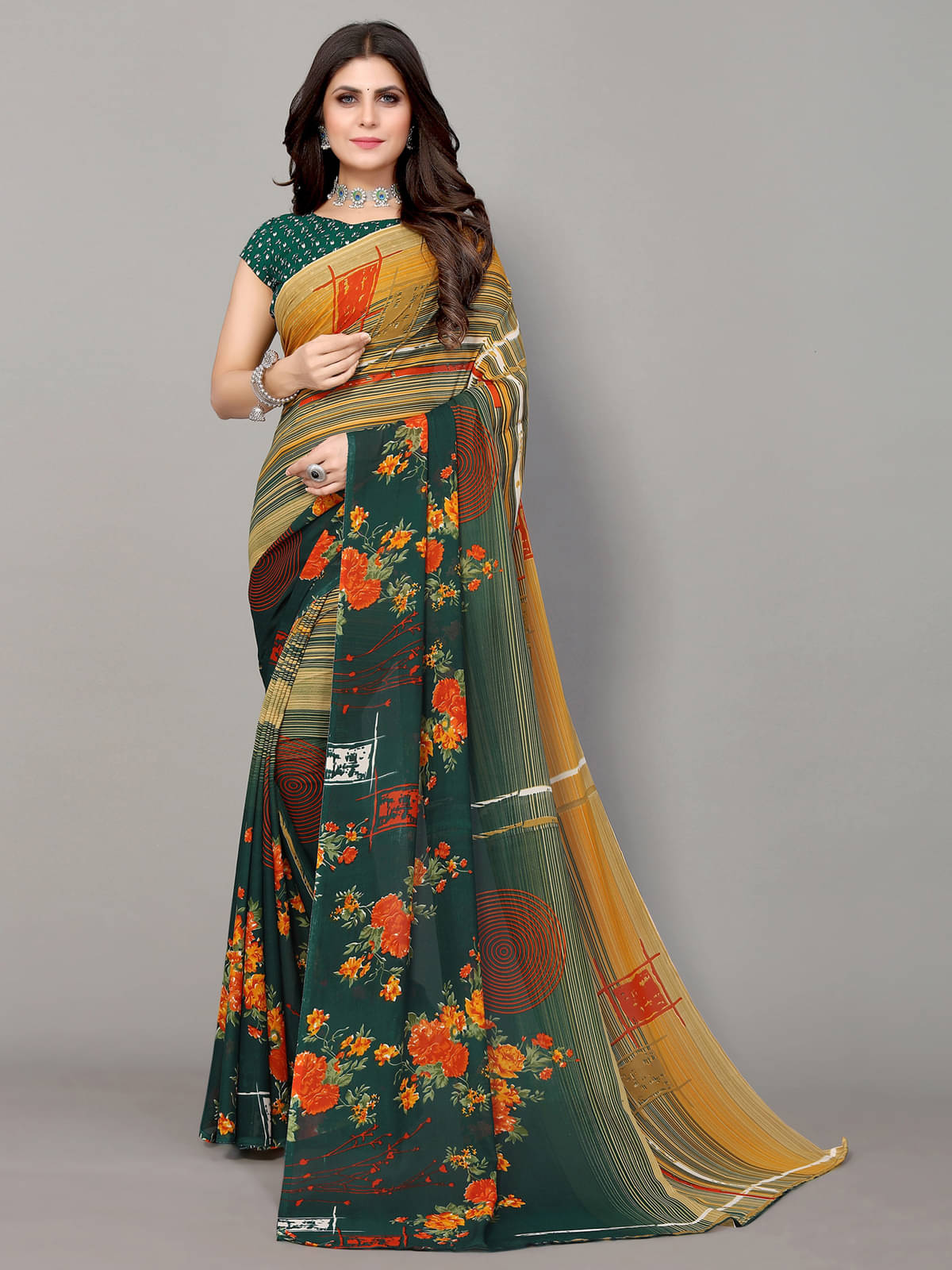     			Samah Georgette Printed Saree With Unstitched Blouse Piece ( Green )