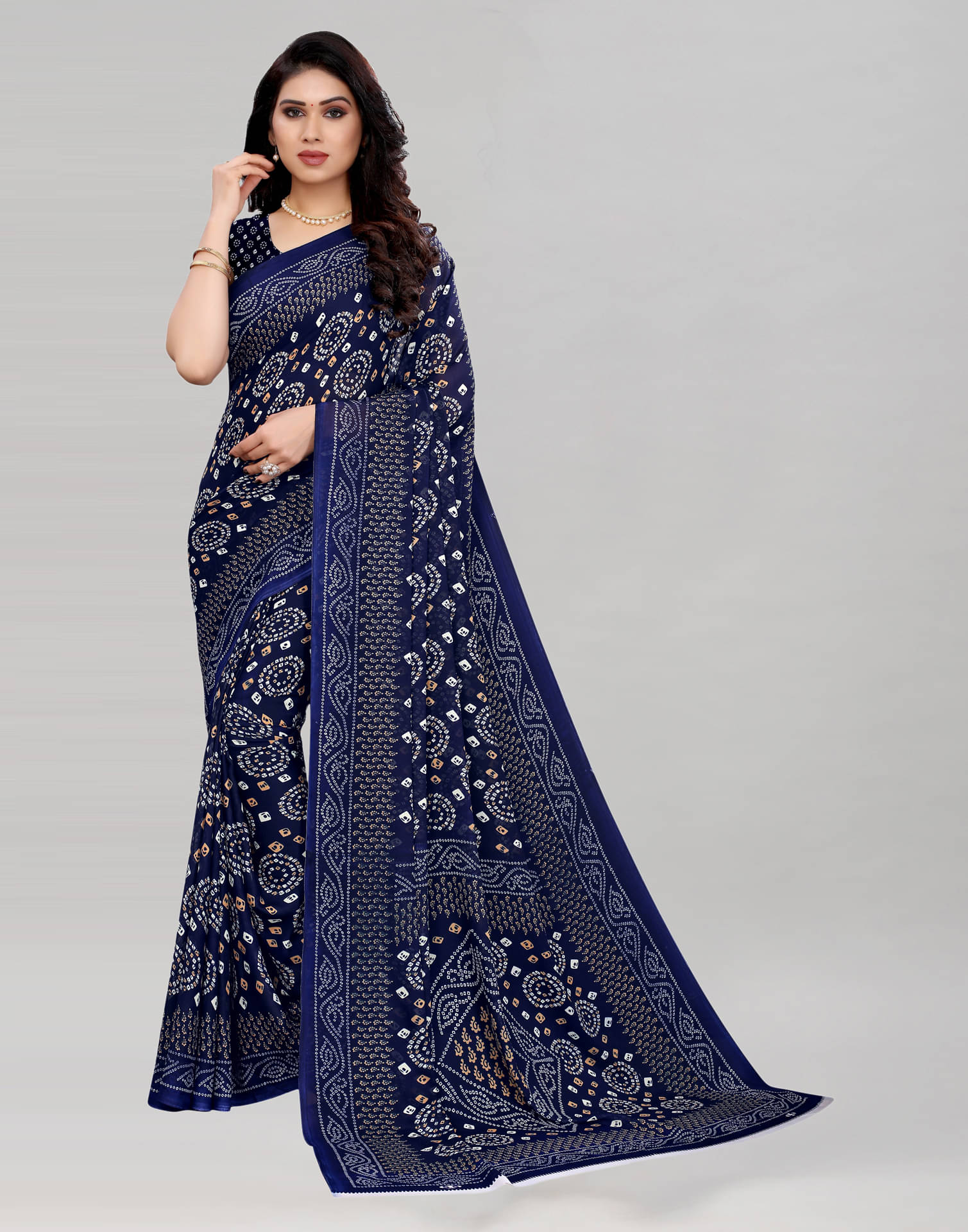     			Samah Georgette Printed Saree With Unstitched Blouse Piece ( Navy Blue )