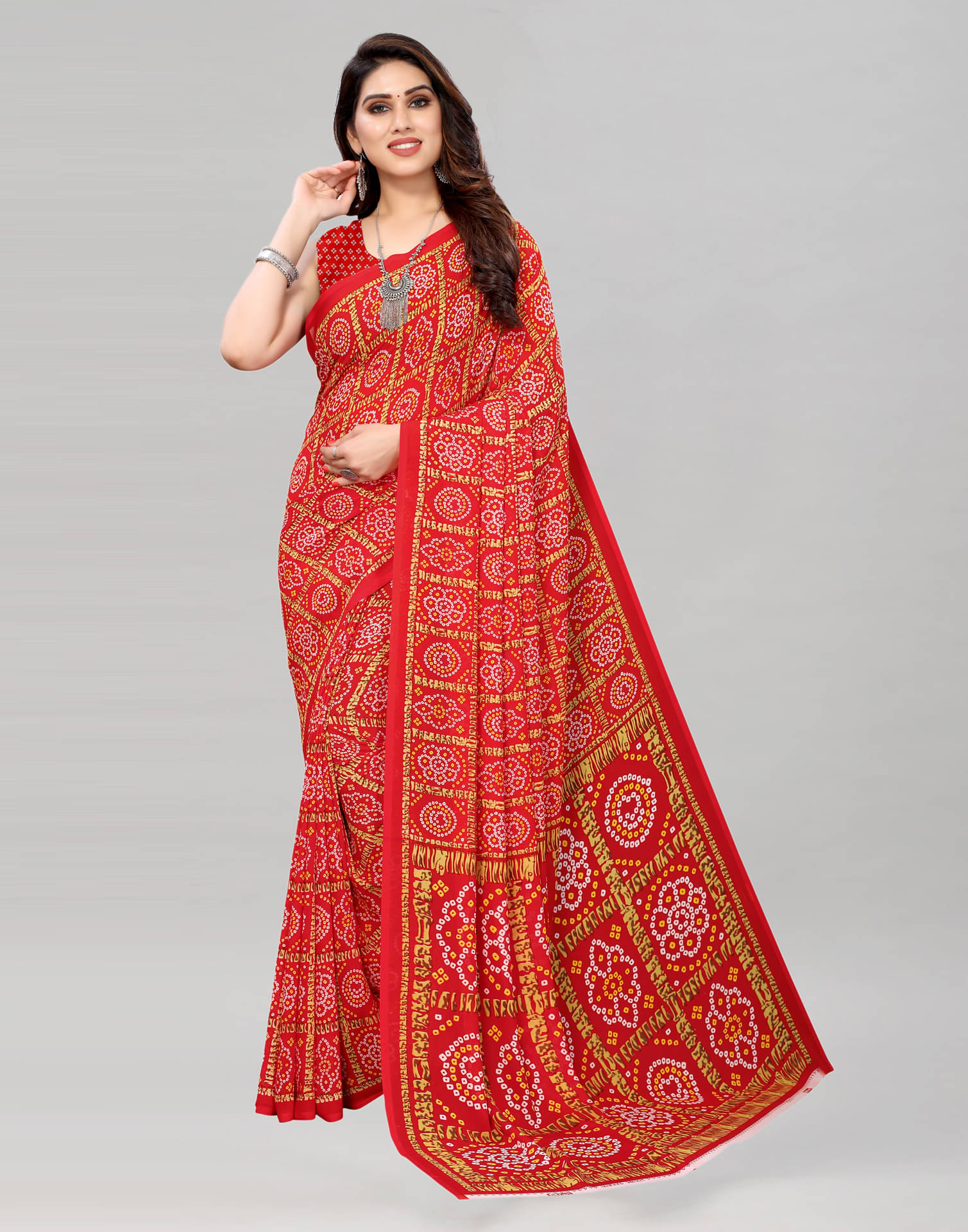     			Samah Georgette Printed Saree With Unstitched Blouse Piece ( Red )