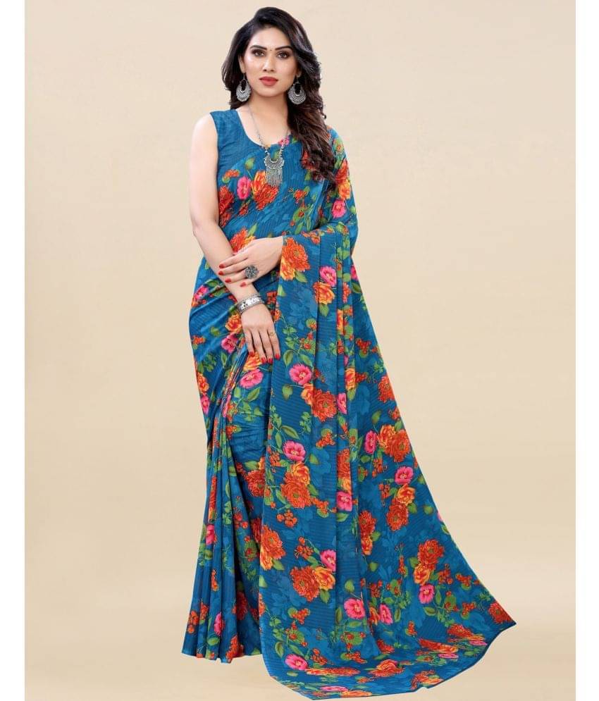     			Samah Georgette Printed Saree With Unstitched Blouse Piece ( Blue )