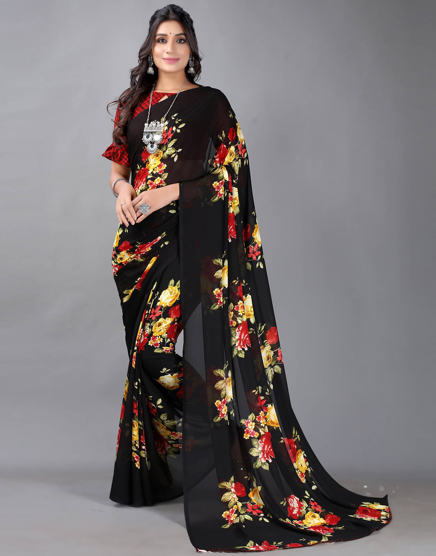 Samah Georgette Printed Saree With Unstitched Blouse Piece ( Black ) Samah Georgette Printed Saree With Unstitched Blouse Piece ( Black )
