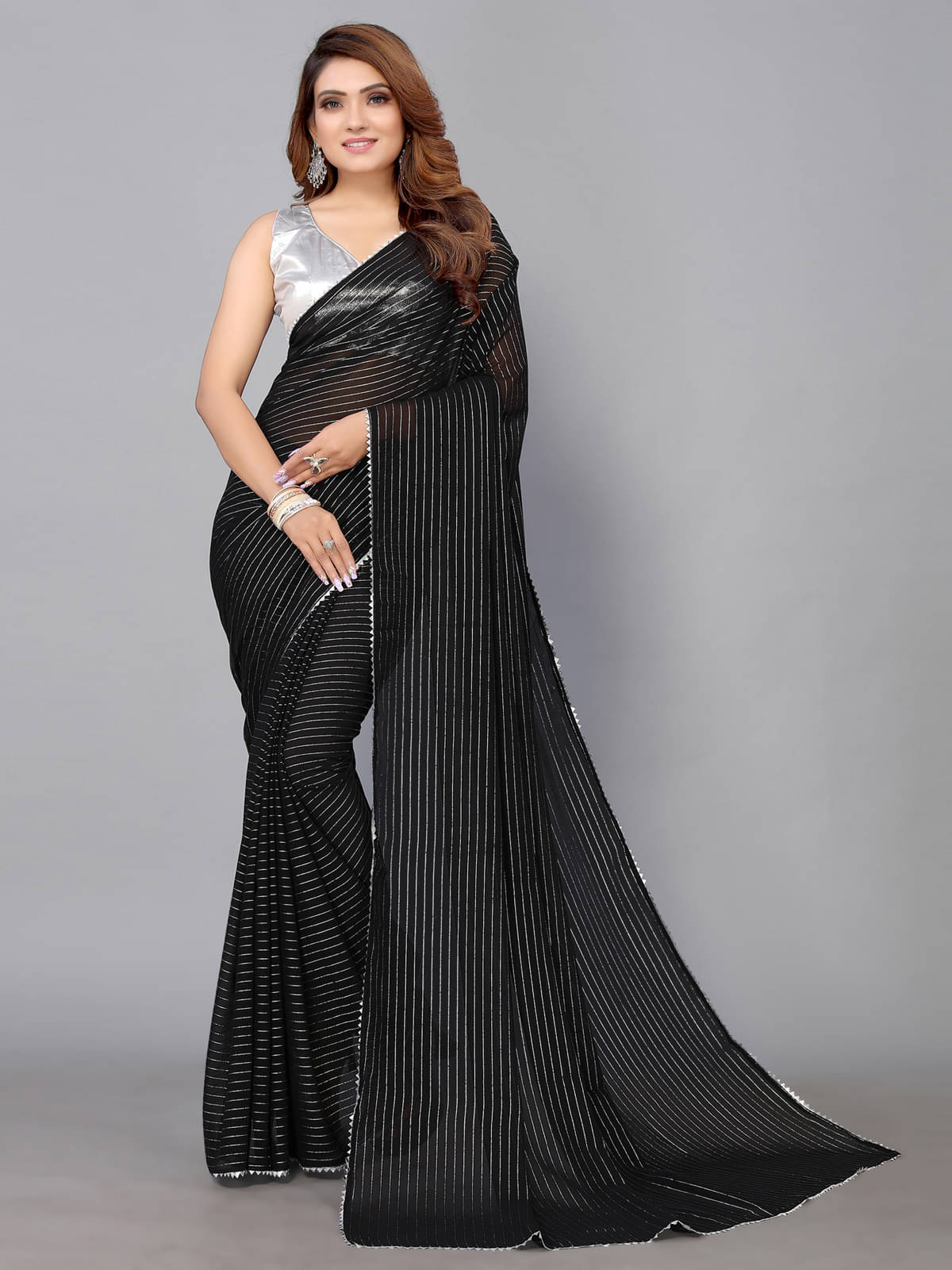 Samah Georgette Striped Saree With Unstitched Blouse Piece ( Black ) Samah Georgette Striped Saree With Unstitched Blouse Piece ( Black )