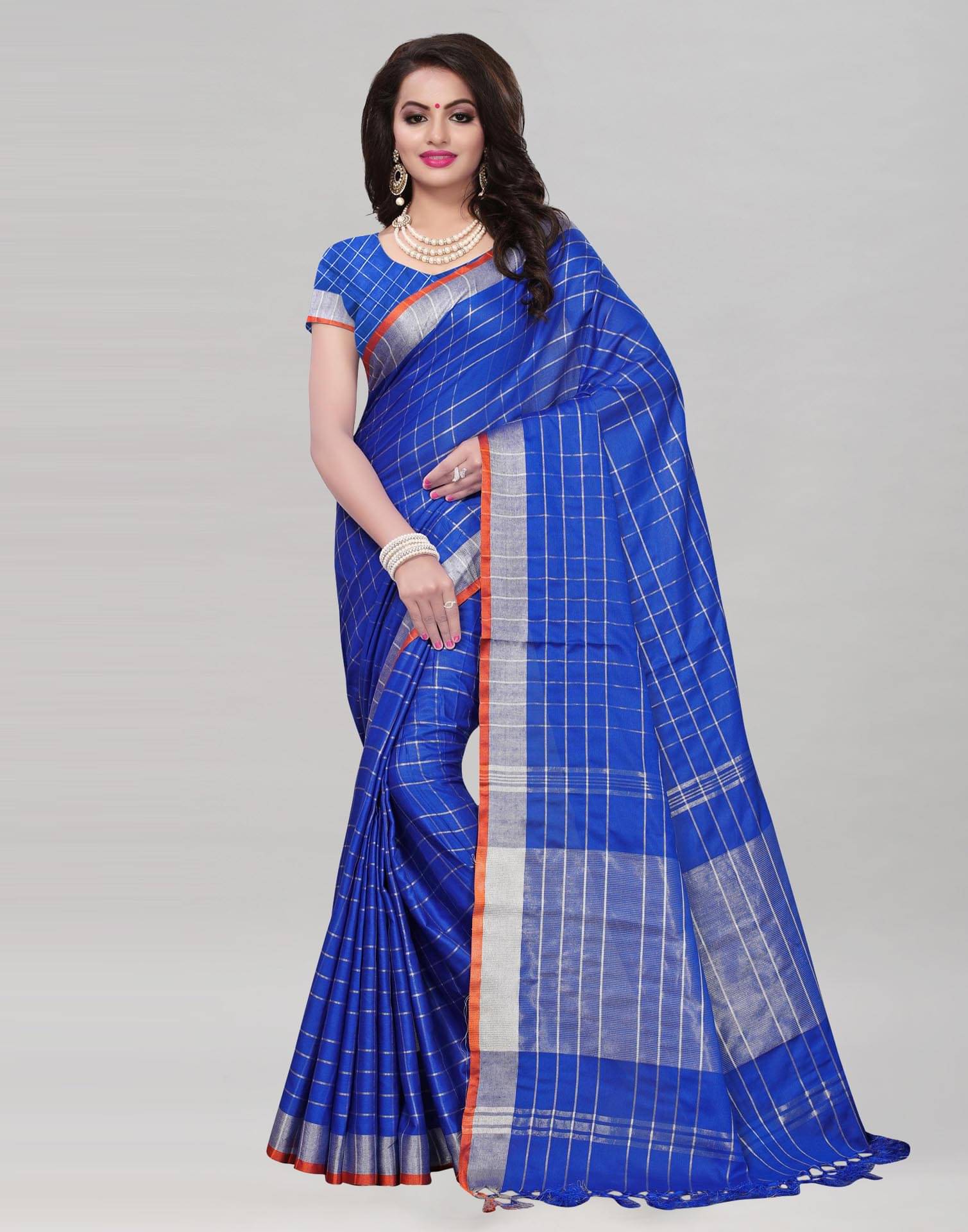     			Samah Linen Striped Saree With Unstitched Blouse Piece ( Blue )