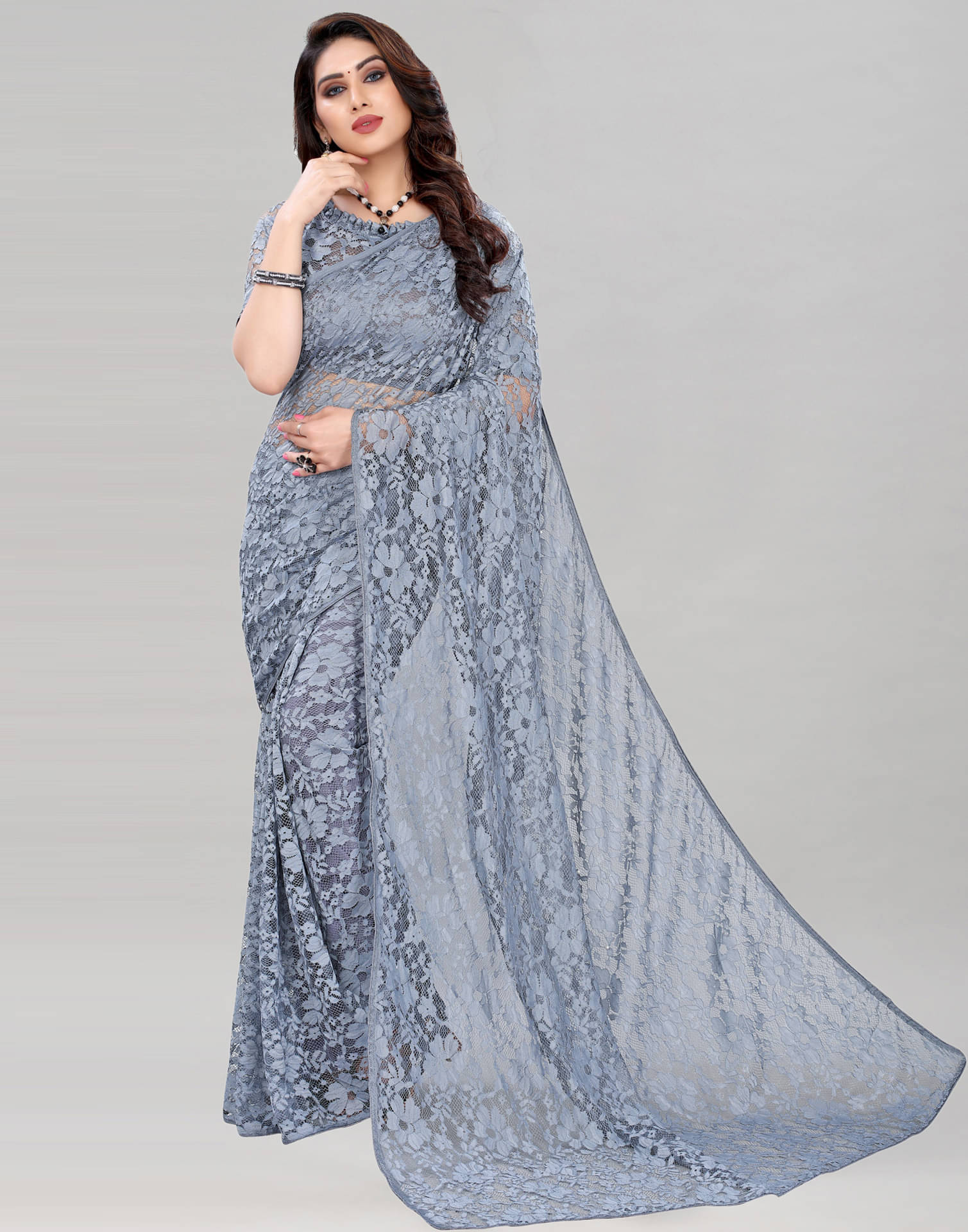 Samah Net Self Design Saree With Unstitched Blouse Piece ( Grey ) Samah Net Self Design Saree With Unstitched Blouse Piece ( Grey )