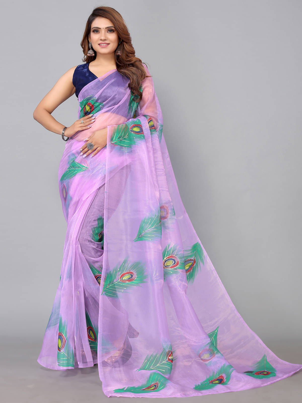     			Samah Organza Printed Saree With Unstitched Blouse Piece ( Purple )