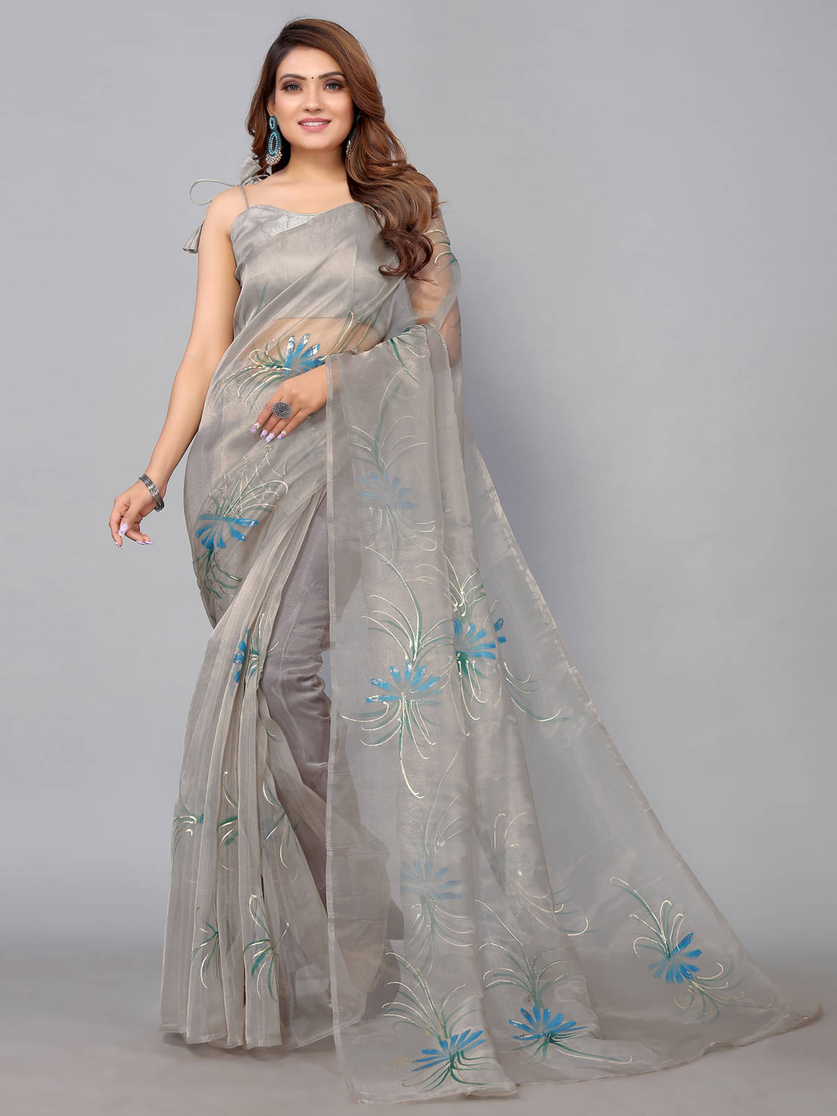     			Samah Organza Printed Saree With Unstitched Blouse Piece ( Grey )