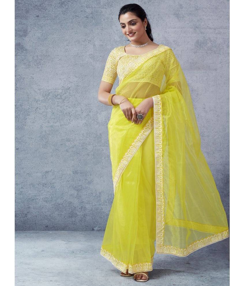     			Samah Organza Solid Ready to Wear Saree With Unstitched Blouse Piece ( Yellow )