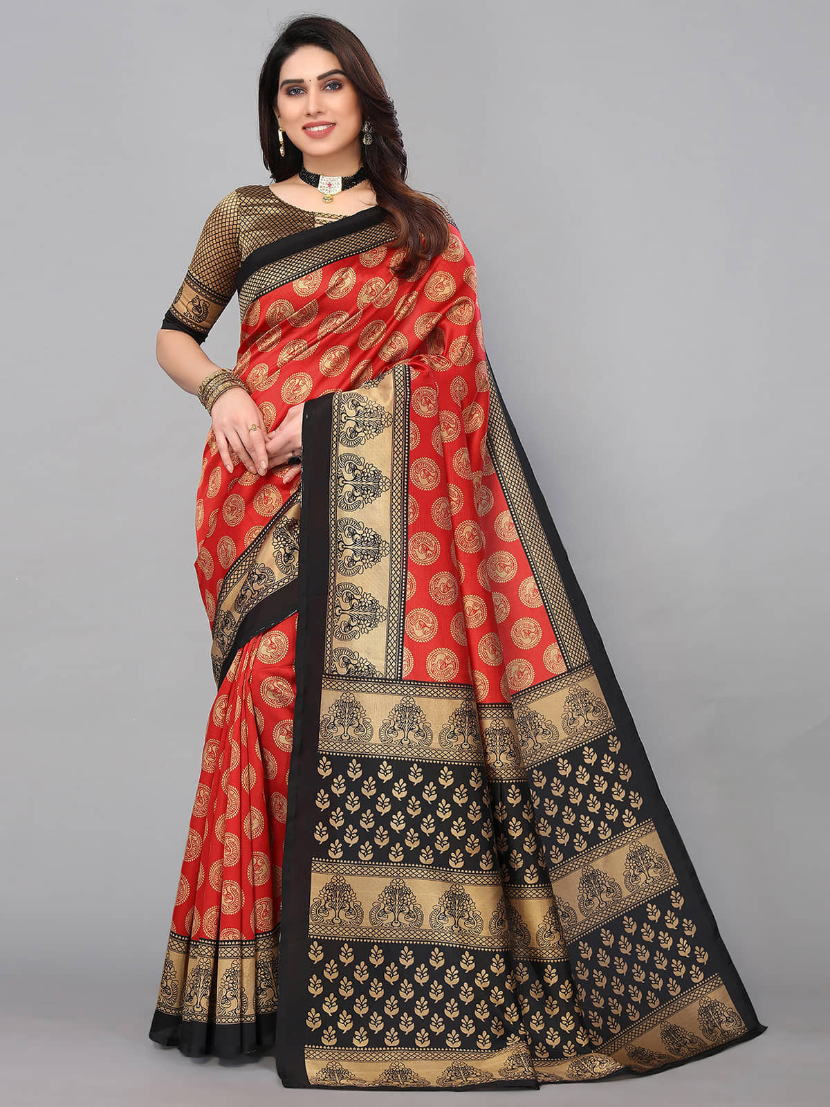 Samah Silk Embellished Saree With Unstitched Blouse Piece ( Red ) - Sarees | Buy online on ZillyBuy