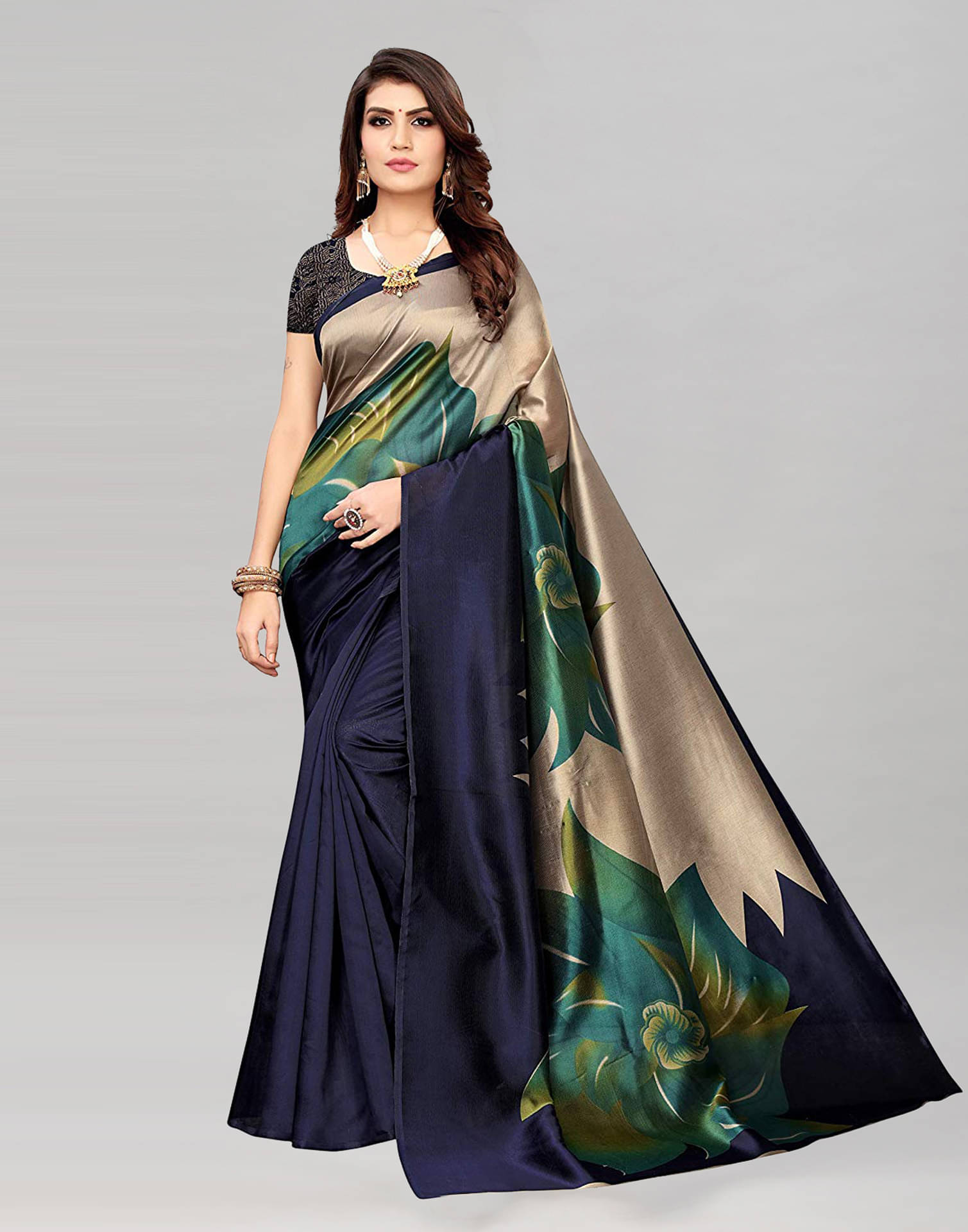 Samah Silk Printed Saree With Unstitched Blouse Piece ( Navy Blue ) Samah Silk Printed Saree With Unstitched Blouse Piece ( Navy Blue )