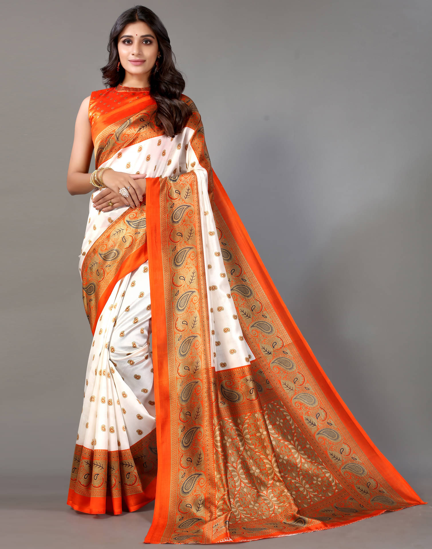 Samah Silk Printed Saree With Unstitched Blouse Piece ( Orange ) Samah Silk Printed Saree With Unstitched Blouse Piece ( Orange )