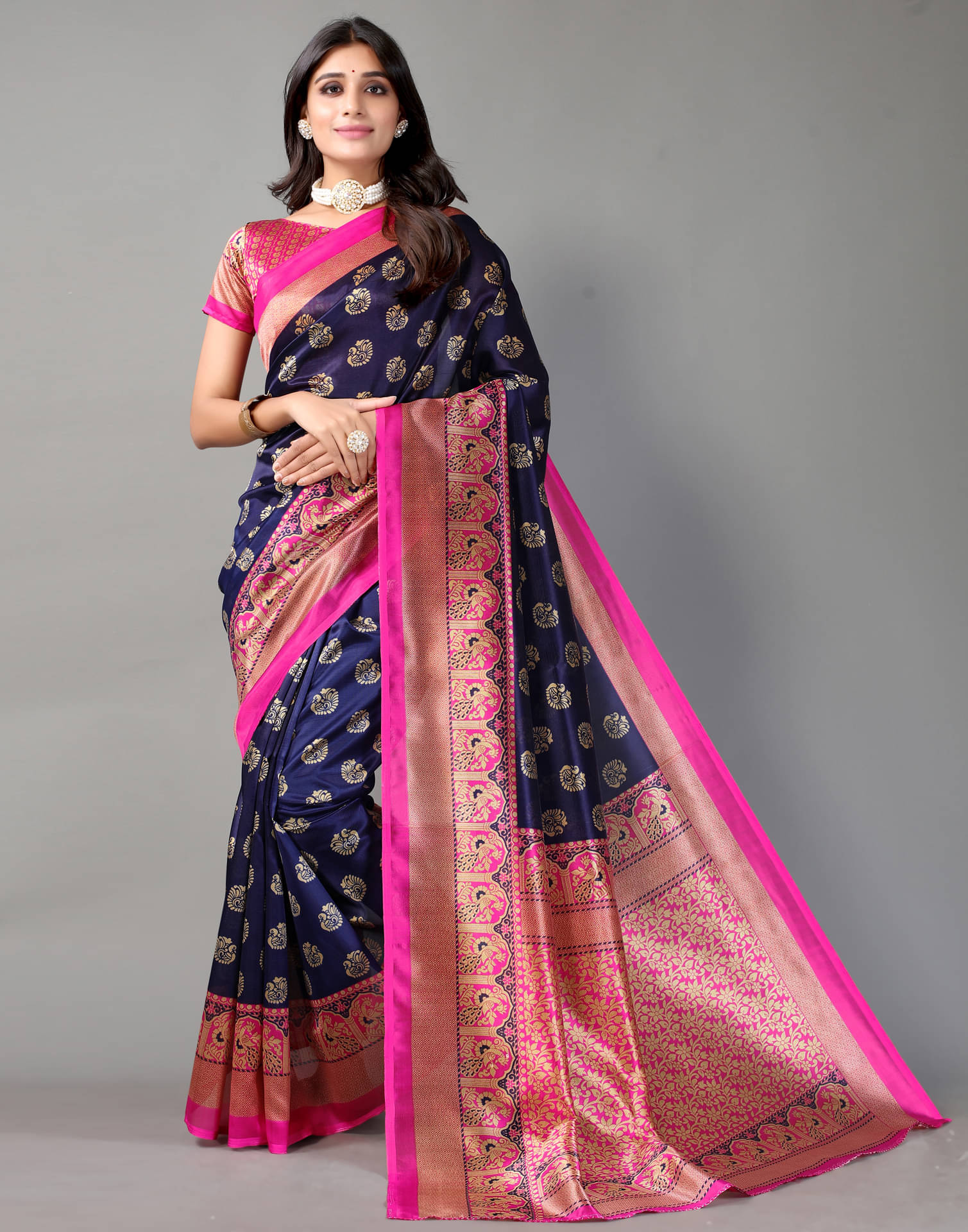 Samah Silk Printed Saree With Unstitched Blouse Piece ( Navy Blue ) Samah Silk Printed Saree With Unstitched Blouse Piece ( Navy Blue )