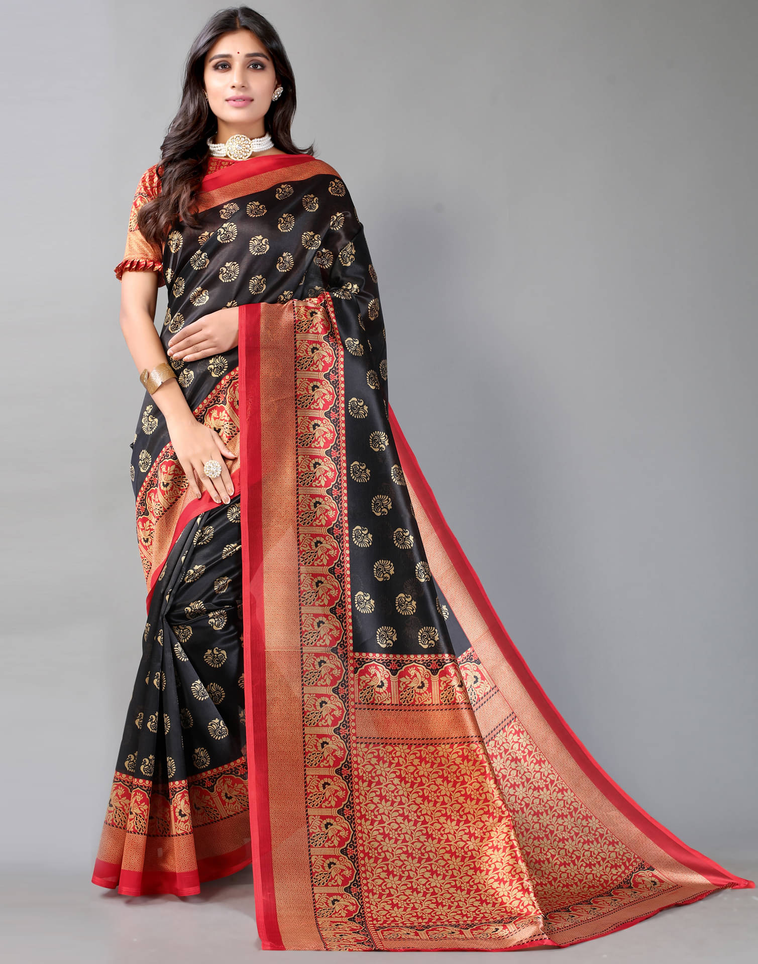 Samah Silk Printed Saree With Unstitched Blouse Piece ( Black ) Samah Silk Printed Saree With Unstitched Blouse Piece ( Black )
