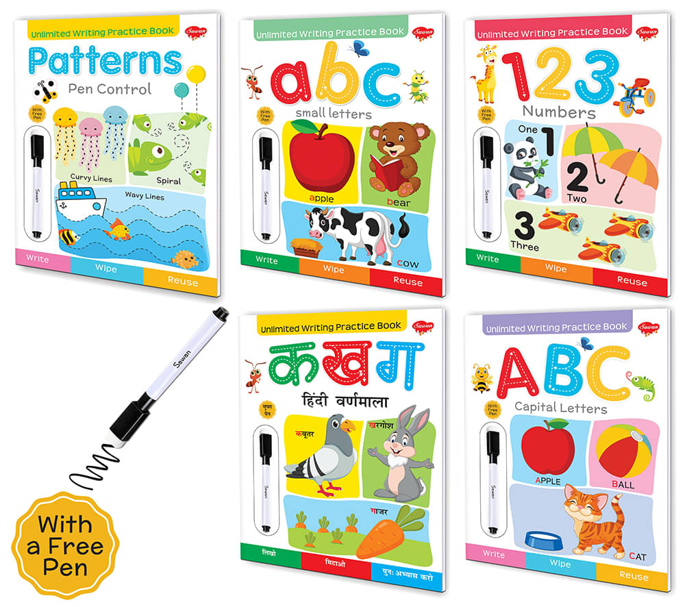 Set of 5 Unlimited Writing Practice Book - capital letters, Small letters, Numbers, Patterns & क ख ग हिंदी वर्णमाला Set of 5 Unlimited Writing Practice Book - capital letters, Small letters, Numbers, Patterns & क ख ग हिंदी वर्णमाला