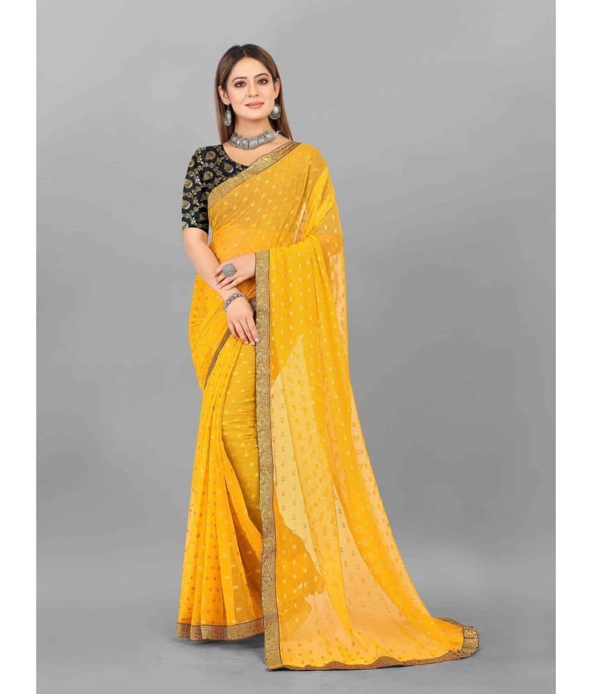Aardiva Chiffon Printed Saree With Unstitched Blouse Piece ( Yellow ) - Sarees | Buy online on ZillyBuy