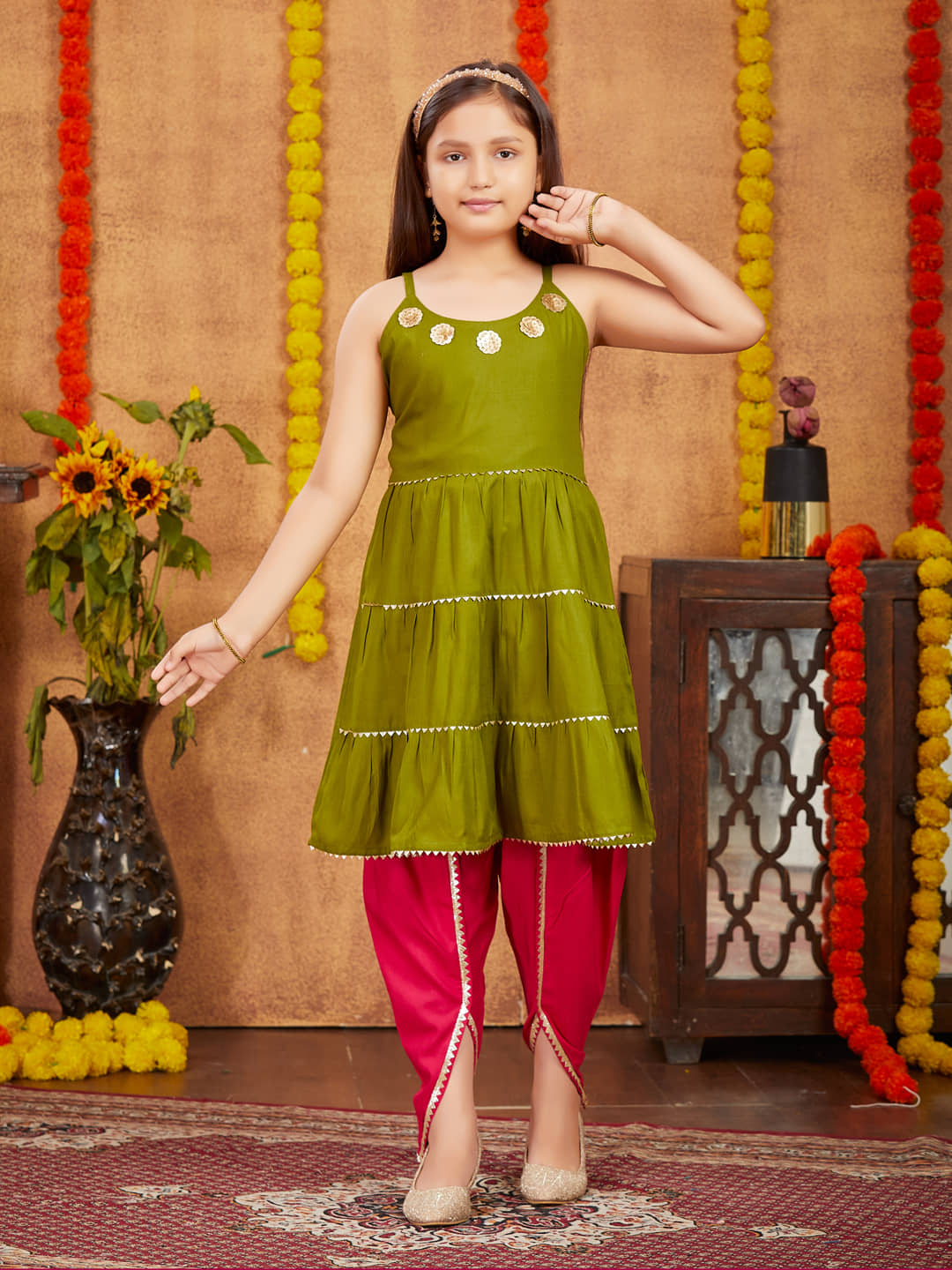 Aarika Girls Rayon Top & Dhoti Set ( Pack of 1 , Olive )