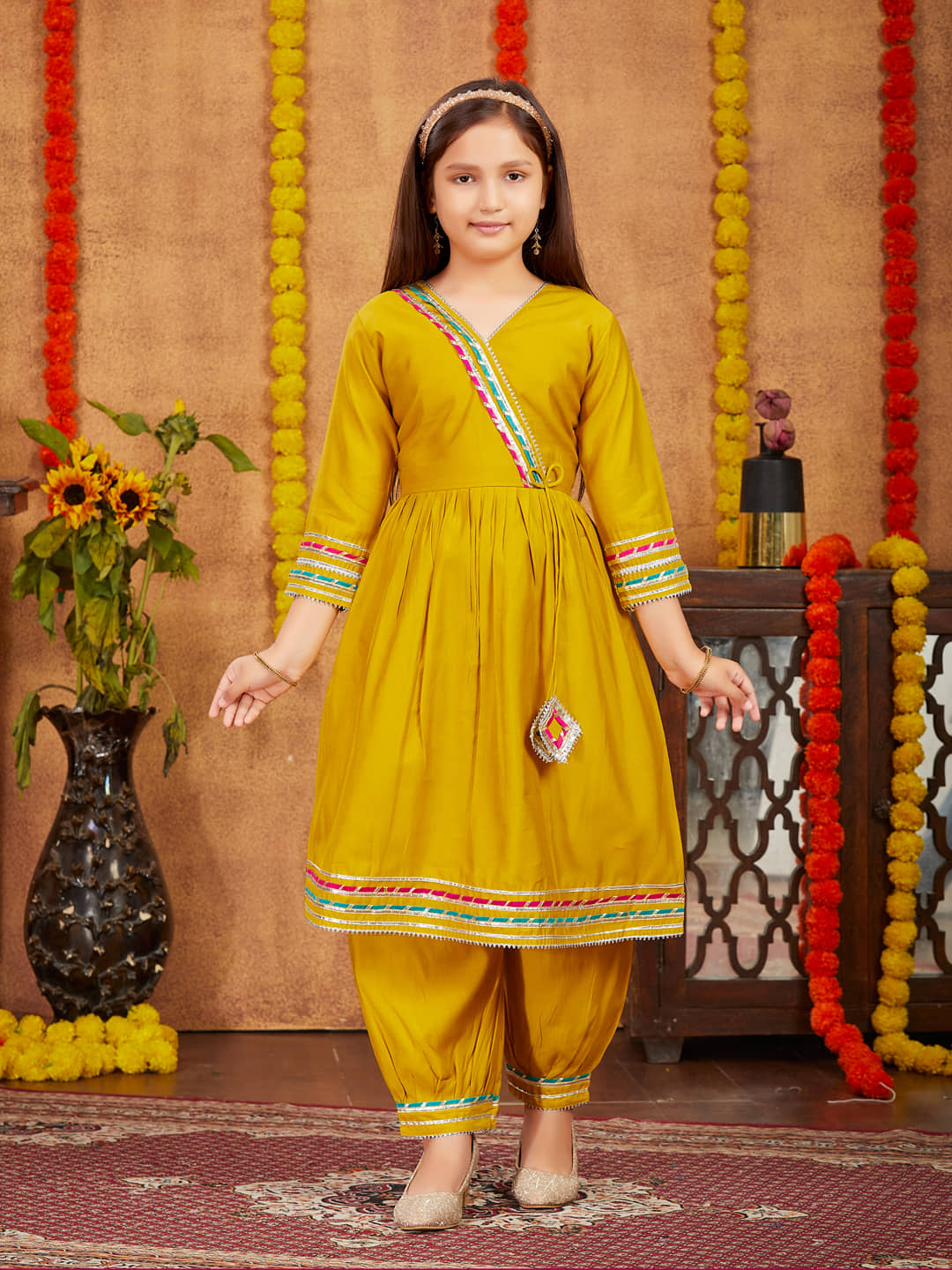 Aarika Yellow Silk Girls Patiala Kurta Set ( Pack of 1 )