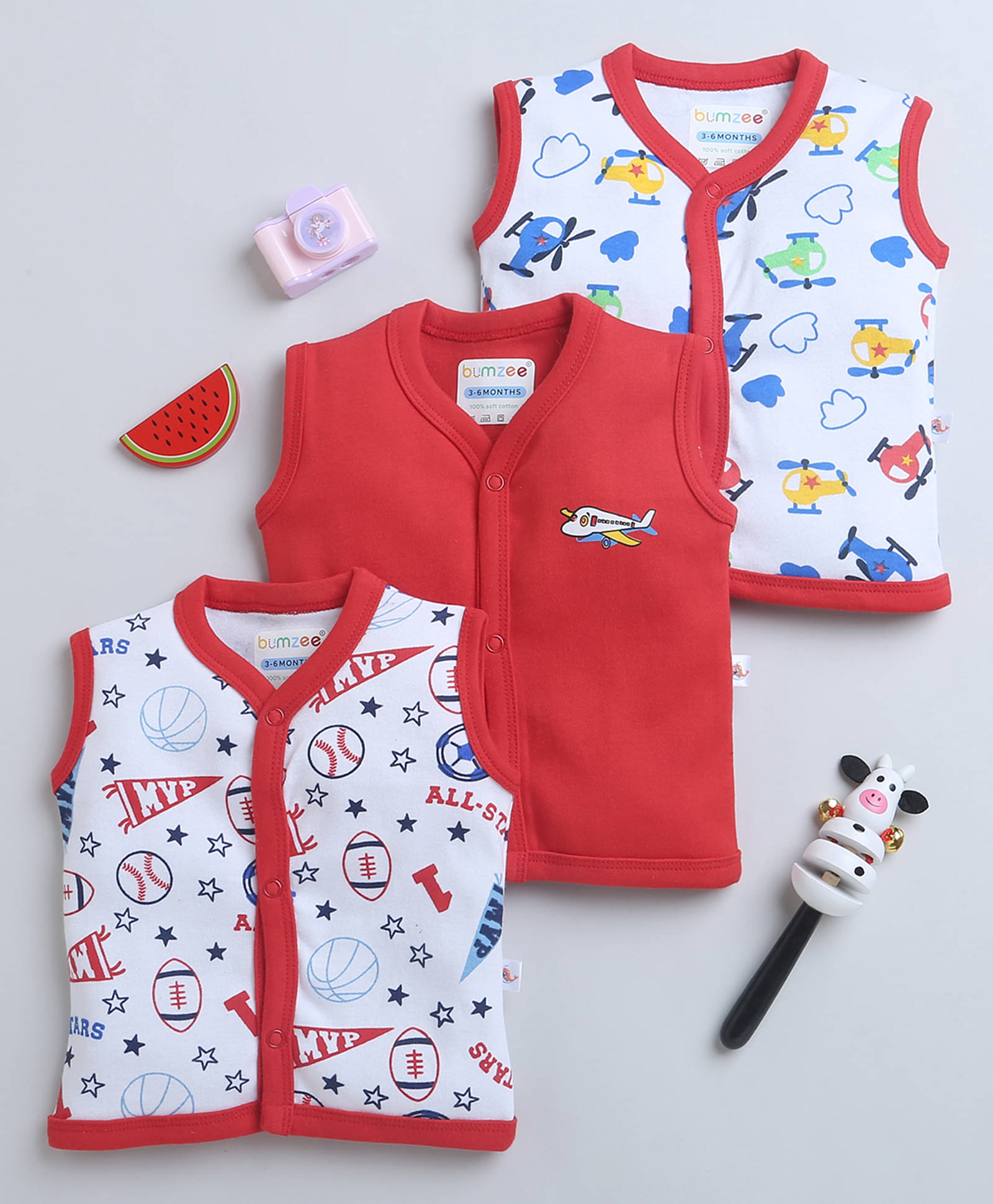     			BUMZEE Pack of 3 Baby Boys Cotton T-Shirt ( Red )