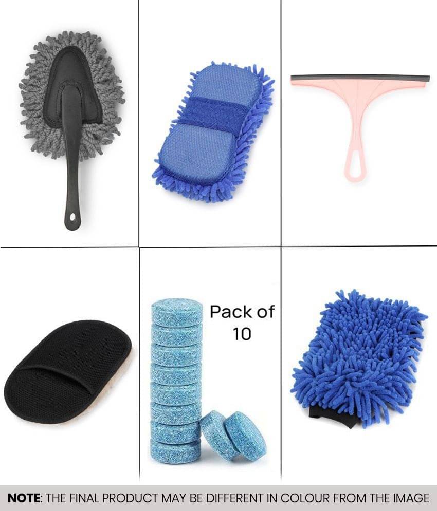     			Mahek Accessories - Car Cleaning Combo Of Microfiber Sponge , Gloves , Mini Duster ,Wool Gloves , Wiper And Glass Cleaning Tablet for car accessories( Pack Of 15 )