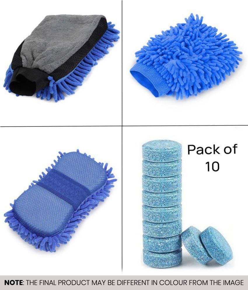     			Mahek Accessories - Car Cleaning Combo Of Microfiber Dual Sided Gloves , Medium Gloves , Sponge And Glass Cleaning Tablet for car accessories( Pack Of 13 )