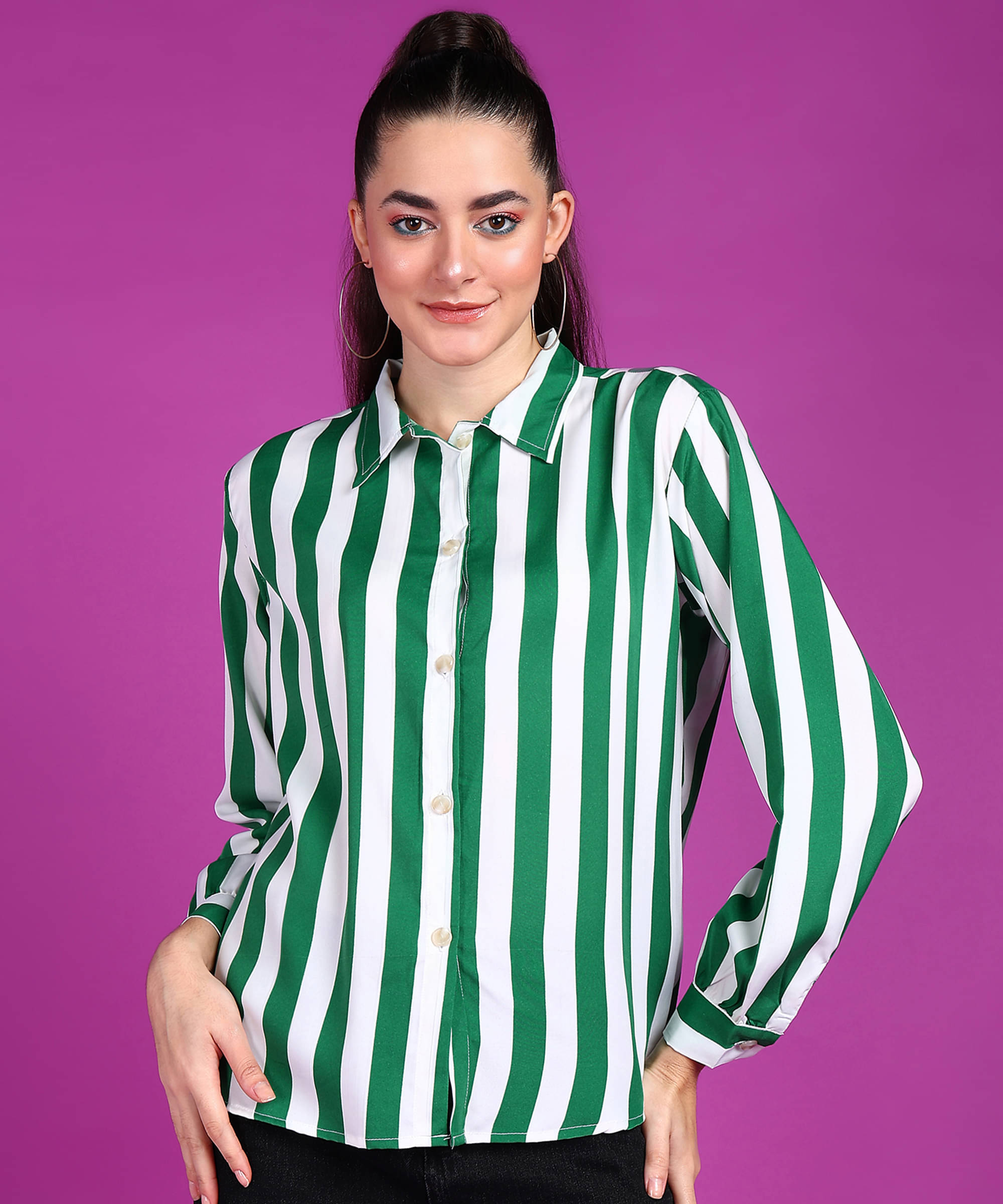 POPWINGS Women Striped Crepe Shirt ( Green ) POPWINGS Women Striped Crepe Shirt ( Green )