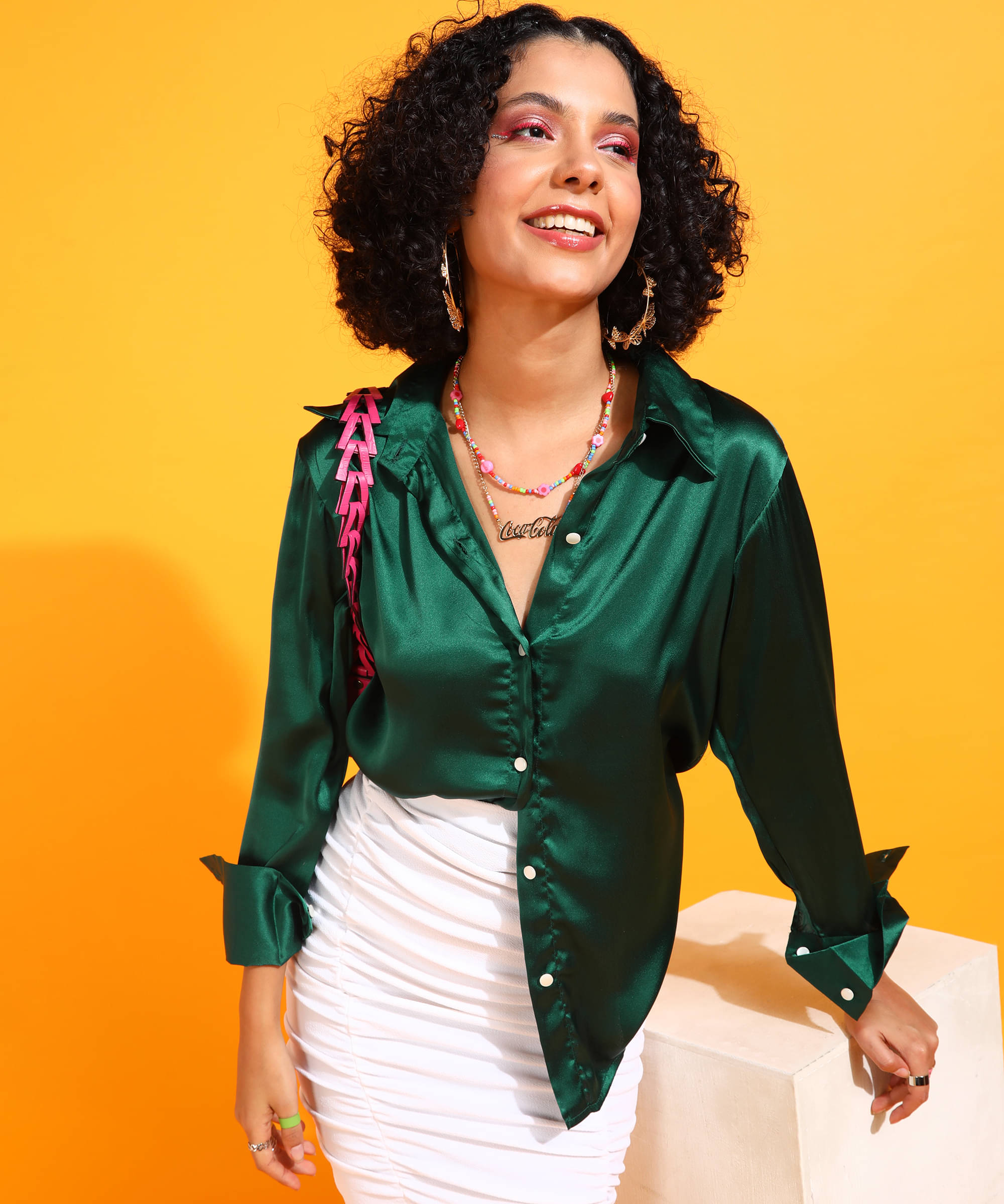    			POPWINGS Women Solid Satin Shirt ( Green )