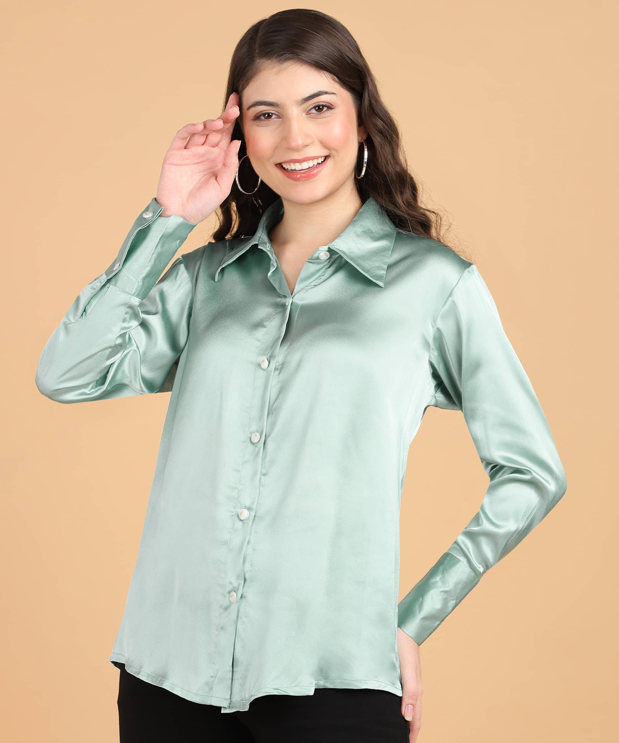 POPWINGS Women Solid Satin Shirt ( Mint Green )