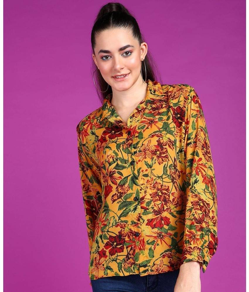 POPWINGS Women Printed Polyester Shirt ( Mustard ) POPWINGS Women Printed Polyester Shirt ( Mustard )