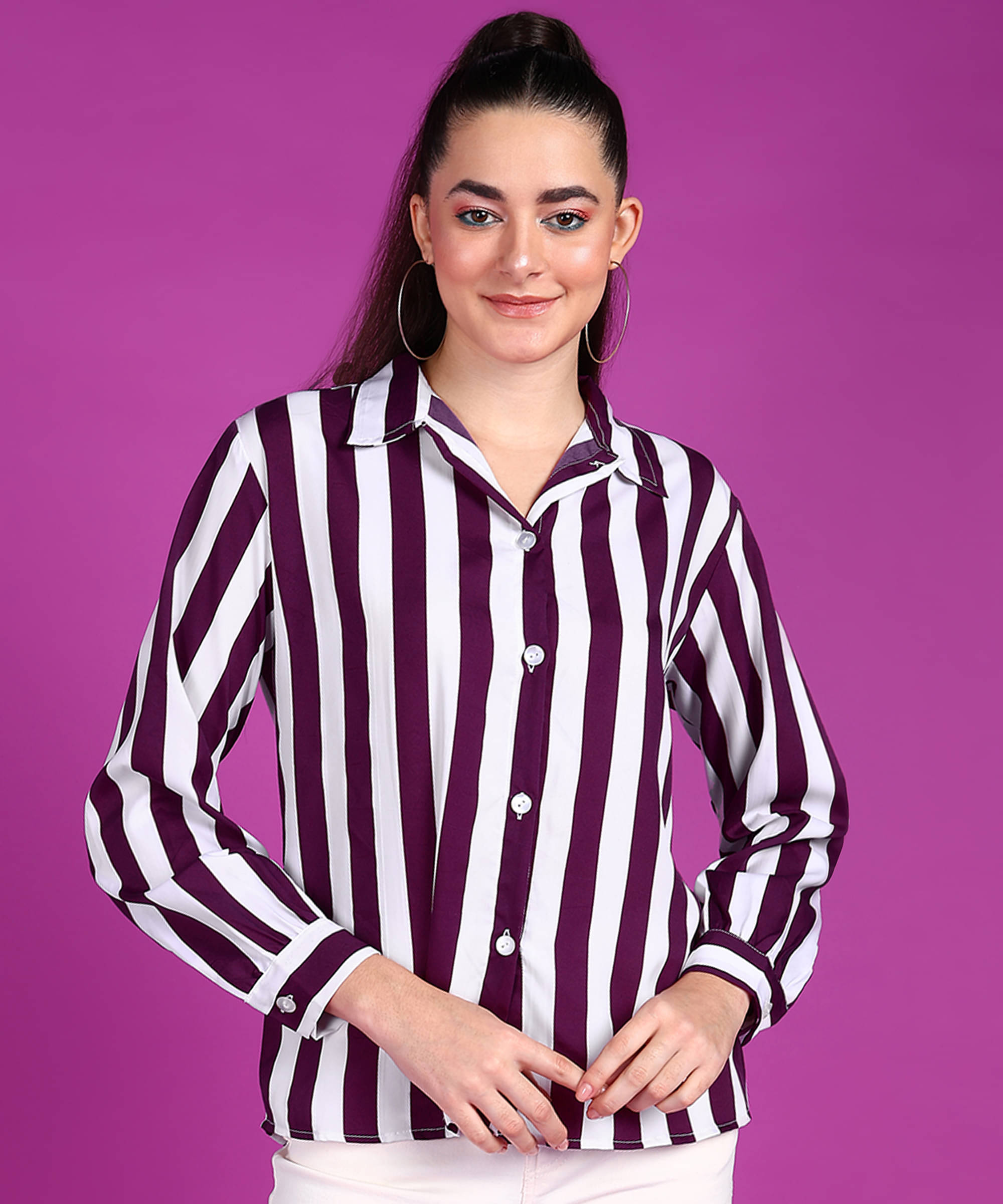     			POPWINGS Women Striped Crepe Shirt ( Purple )