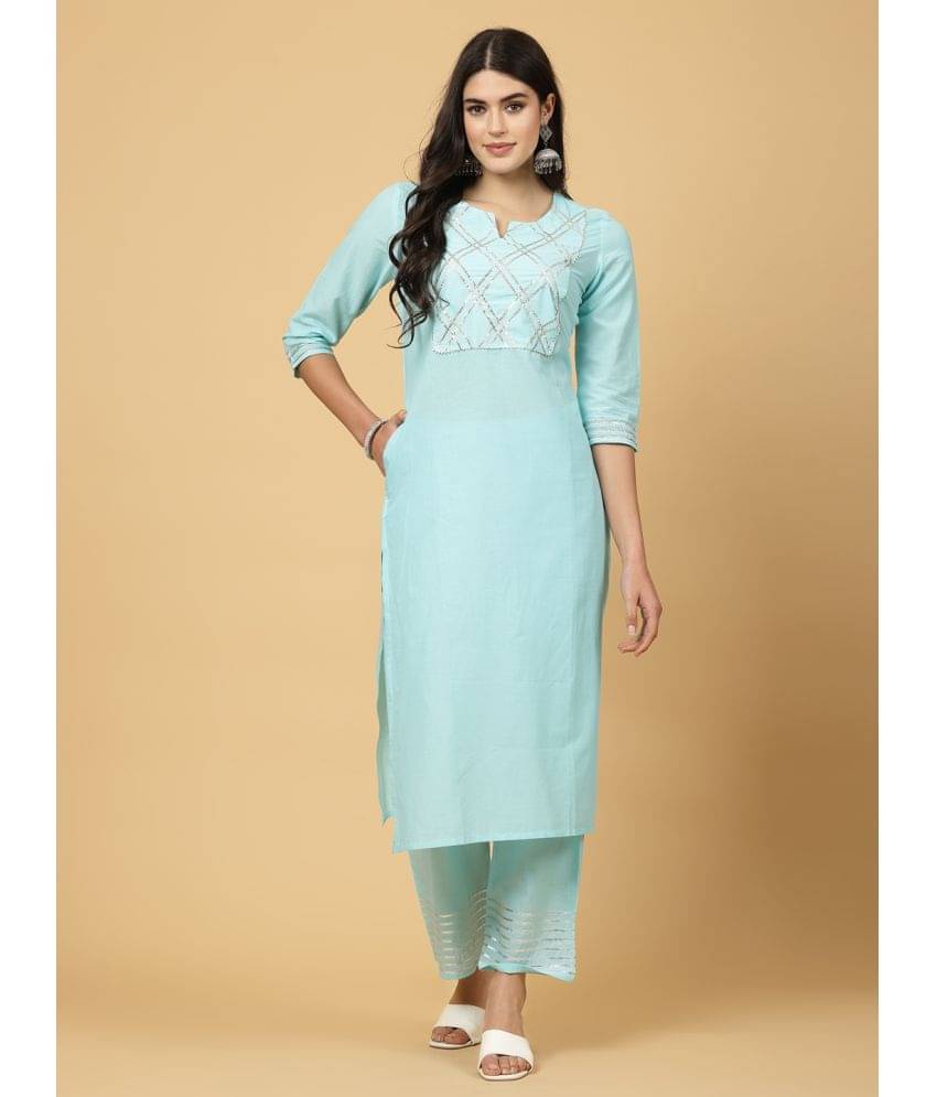     			Pistaa Cotton Solid Kurti With Palazzo Women's Stitched Salwar Suit - Light Blue ( Pack of 1 )