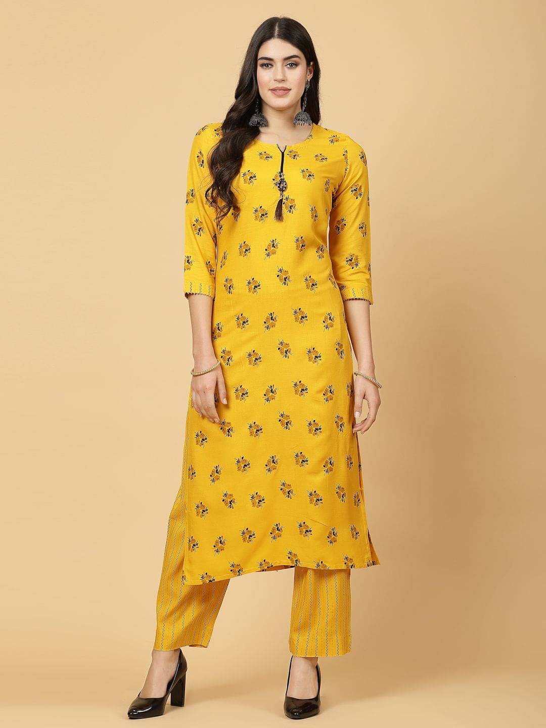     			Pistaa Viscose Printed Kurti With Palazzo Women's Stitched Salwar Suit - Yellow ( Pack of 1 )