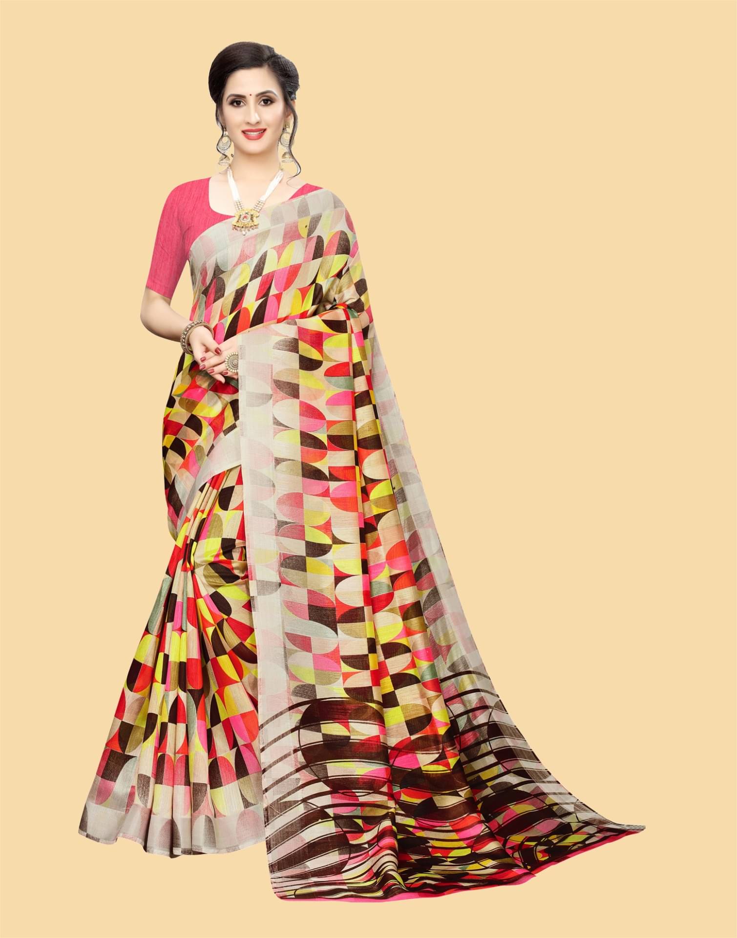 Samah Chanderi Printed Saree With Unstitched Blouse Piece ( Beige ) Samah Chanderi Printed Saree With Unstitched Blouse Piece ( Beige )