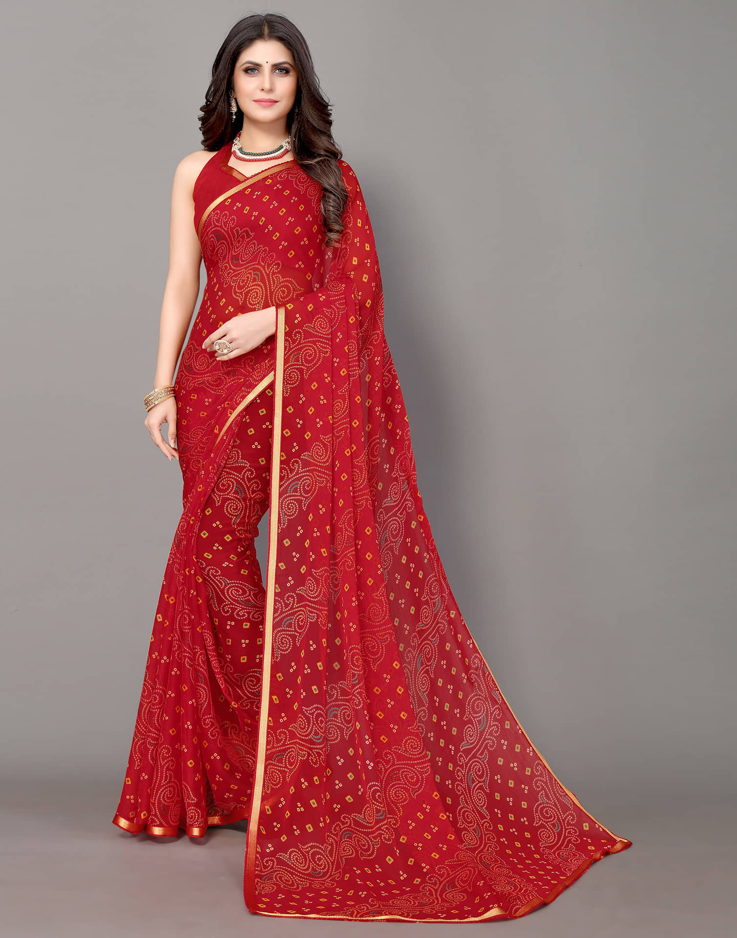 Samah Chiffon Printed Saree With Unstitched Blouse Piece ( Green ) - Sarees | Buy online on ZillyBuy