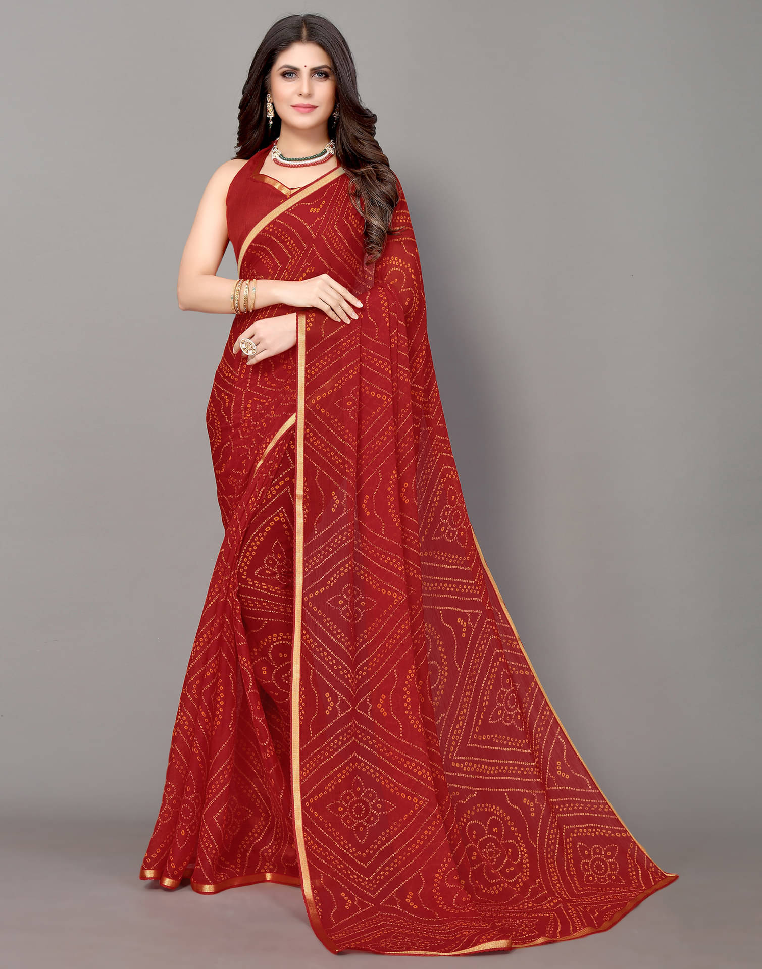     			Samah Chiffon Printed Saree With Unstitched Blouse Piece ( Red )