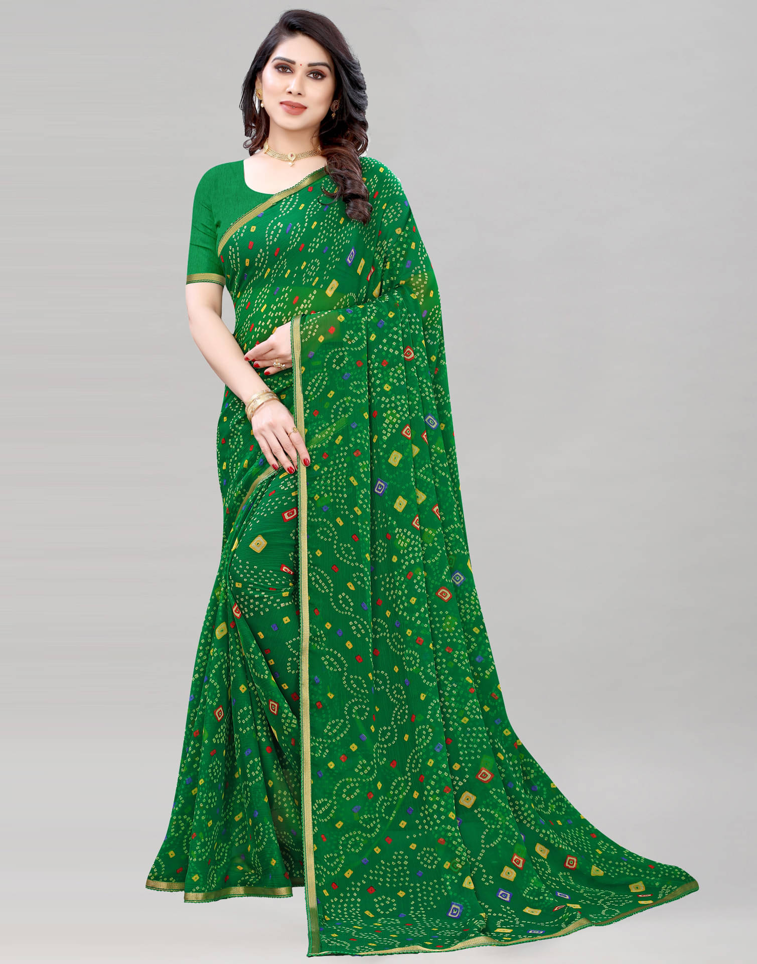 Samah Chiffon Printed Saree With Unstitched Blouse Piece ( Green ) Samah Chiffon Printed Saree With Unstitched Blouse Piece ( Green )