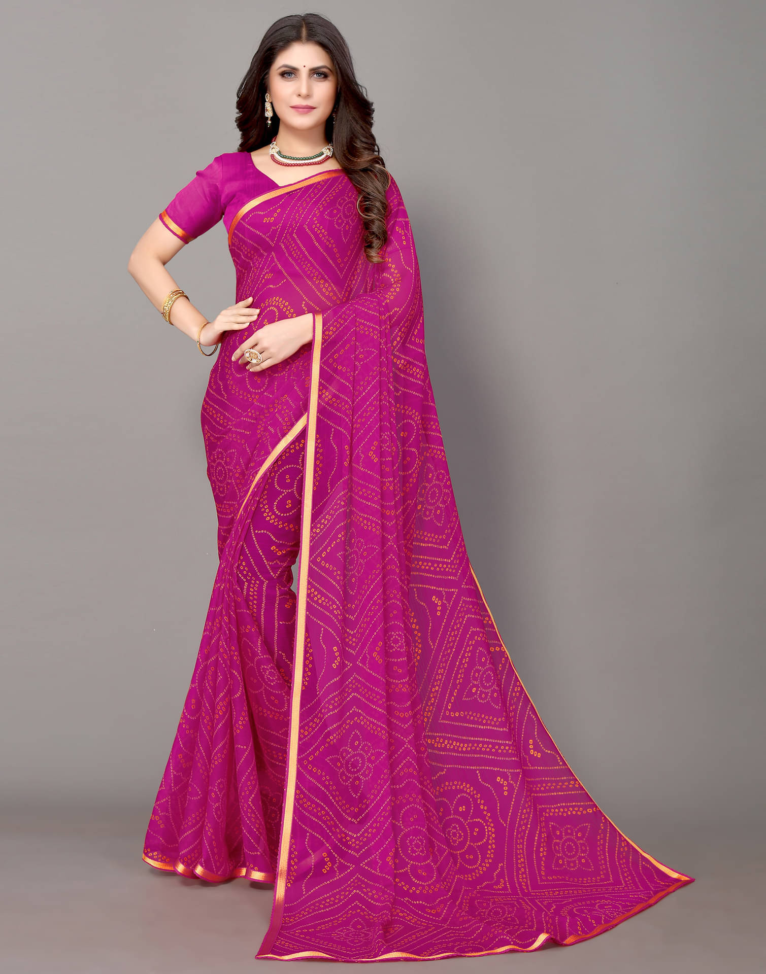 Samah Chiffon Printed Saree With Unstitched Blouse Piece ( Pink ) Samah Chiffon Printed Saree With Unstitched Blouse Piece ( Pink )