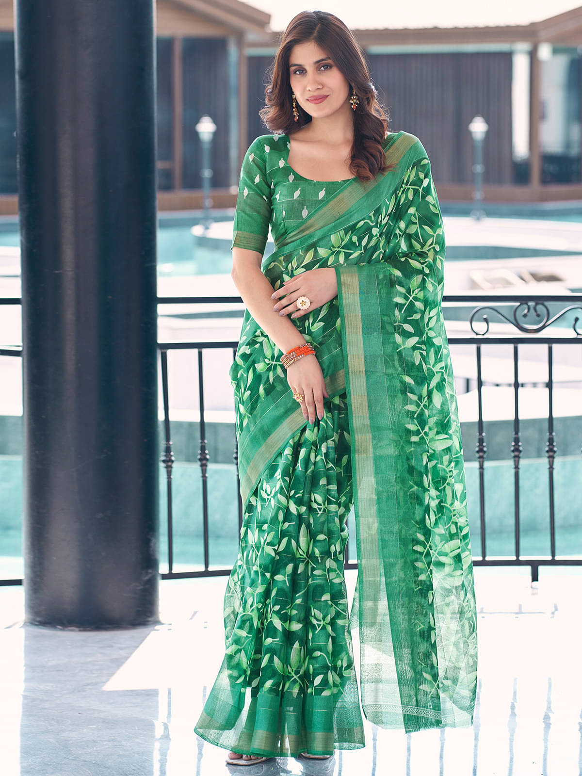     			Samah Cotton Printed Saree With Unstitched Blouse Piece ( Sea Green )