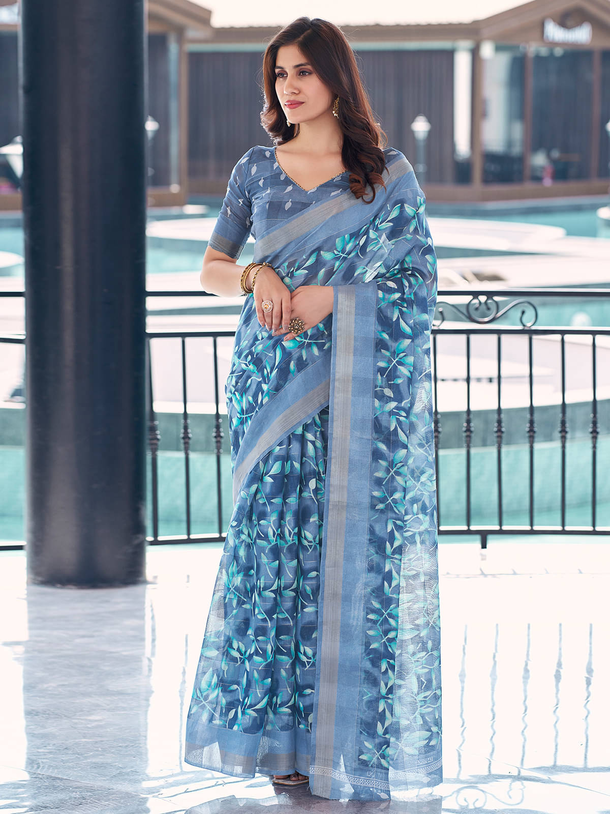Samah Cotton Printed Saree With Unstitched Blouse Piece ( SkyBlue )     			Samah Cotton Printed Saree With Unstitched Blouse Piece ( SkyBlue )
