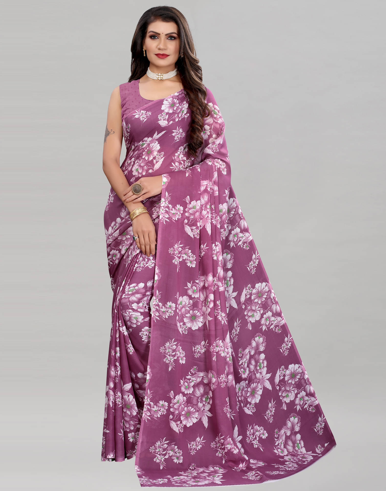 Samah Georgette Printed Saree With Unstitched Blouse Piece ( Mauve ) Samah Georgette Printed Saree With Unstitched Blouse Piece ( Mauve )
