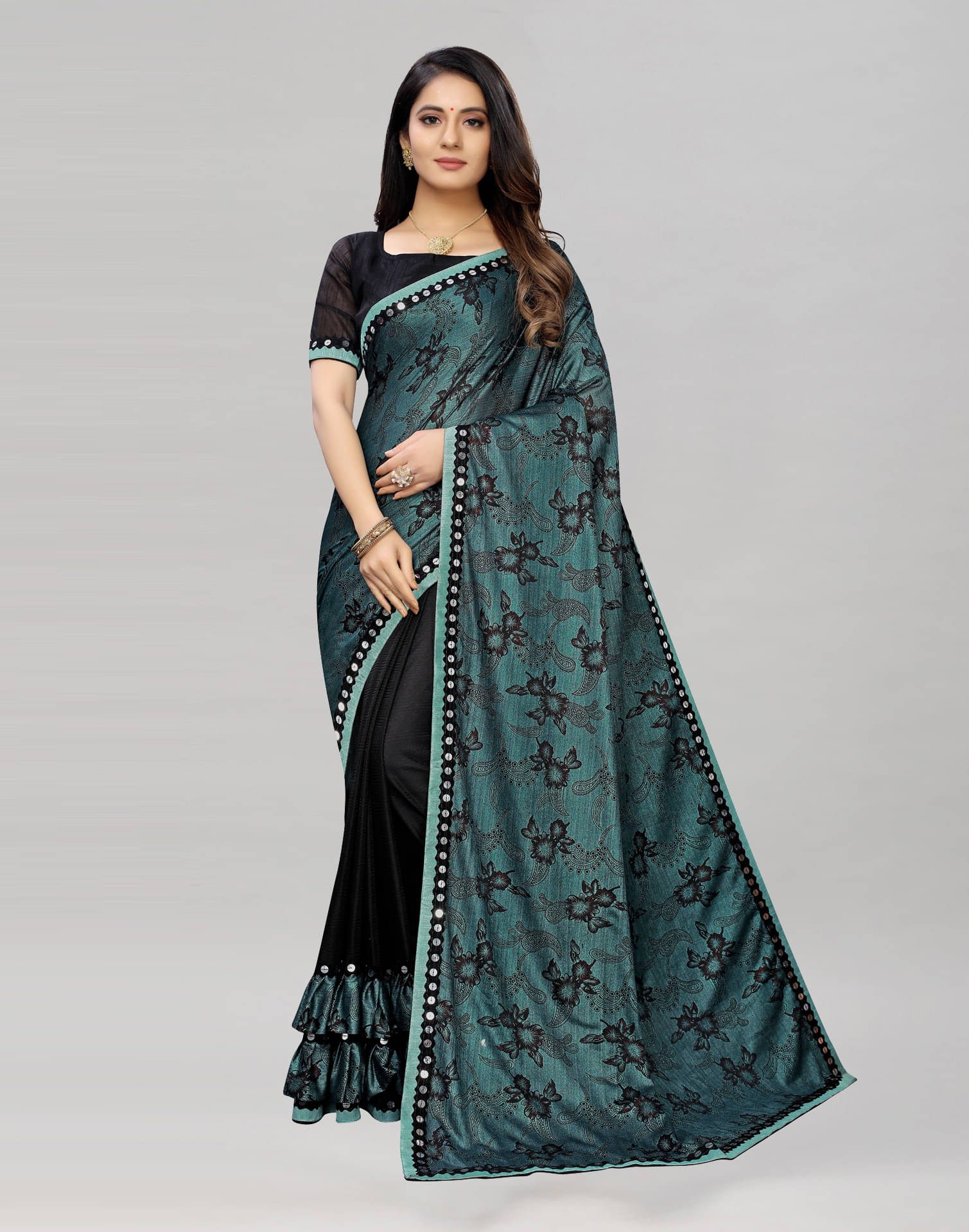 Samah Lycra Embellished Saree With Unstitched Blouse Piece ( Black ) Samah Lycra Embellished Saree With Unstitched Blouse Piece ( Black )