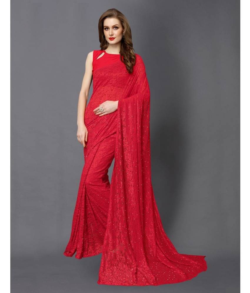     			Samah Net Embellished Saree With Unstitched Blouse Piece ( Red )