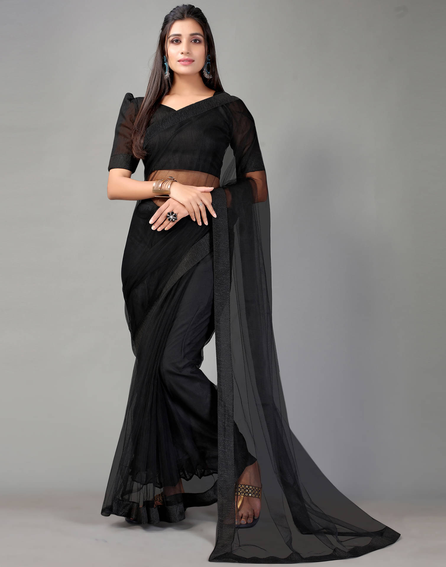 Samah Net Self Design Saree With Unstitched Blouse Piece ( Black ) Samah Net Self Design Saree With Unstitched Blouse Piece ( Black )