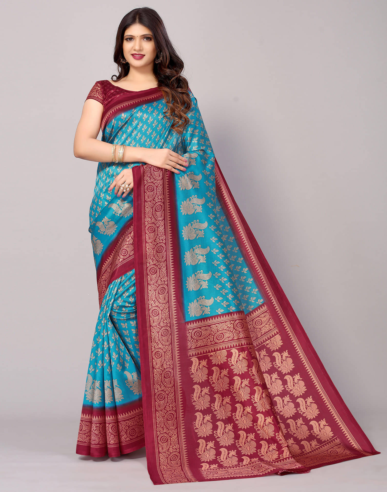     			Samah Silk Printed Saree With Unstitched Blouse Piece ( Blue )