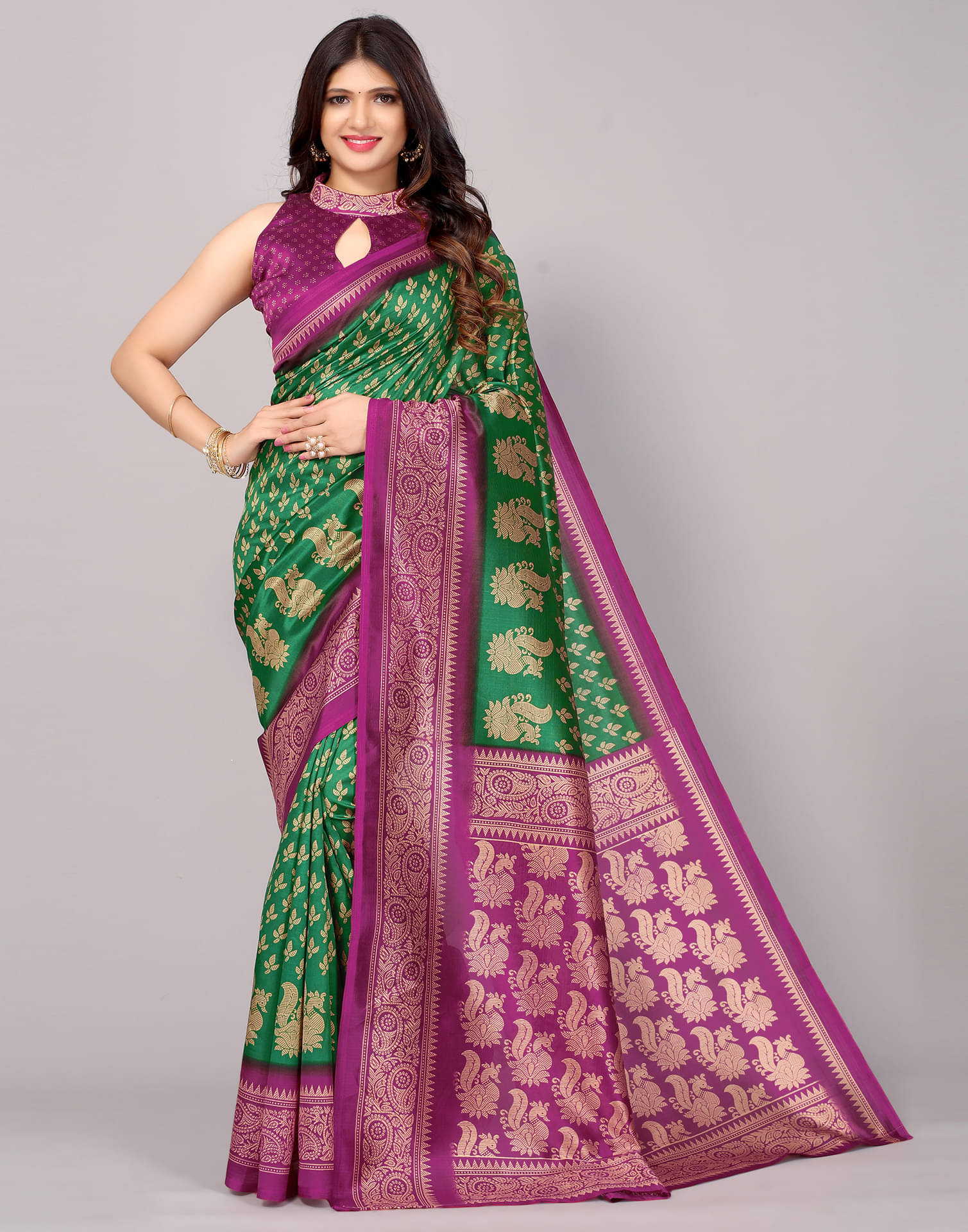 Samah Silk Printed Saree With Unstitched Blouse Piece ( Green ) Samah Silk Printed Saree With Unstitched Blouse Piece ( Green )